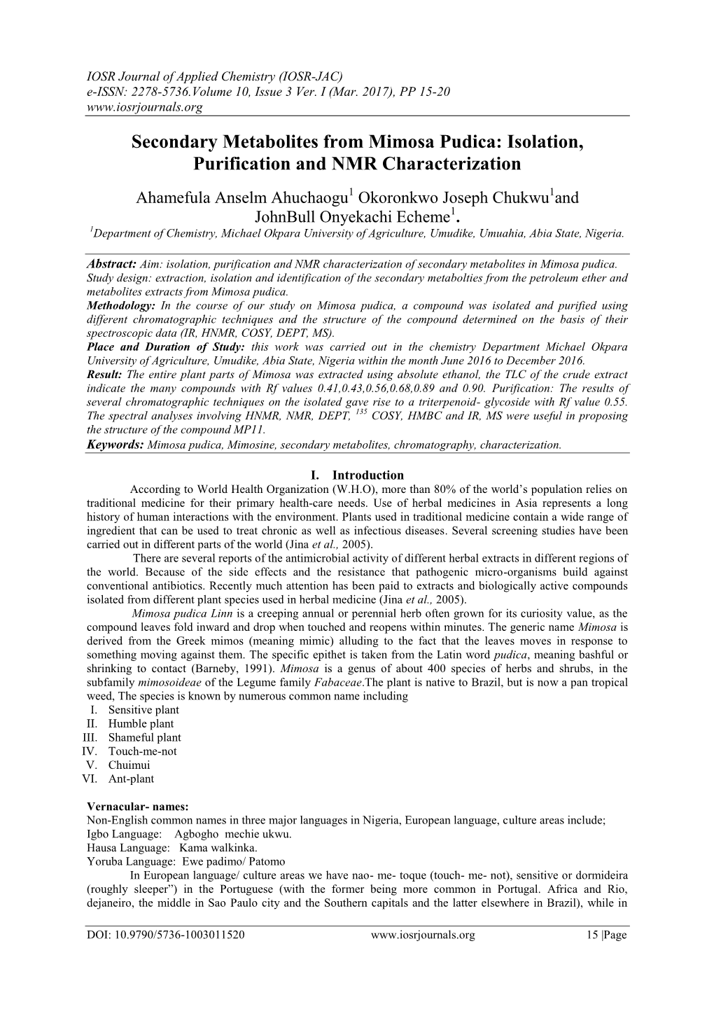 Secondary Metabolites from Mimosa Pudica: Isolation, Purification and NMR Characterization