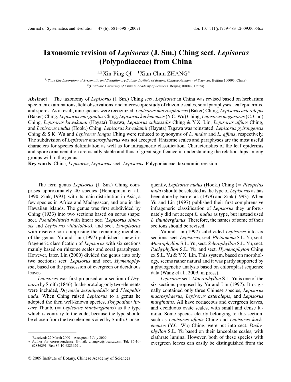 Taxonomic Revision of Lepisorus (J. Sm.) Ching Sect. Lepisorus