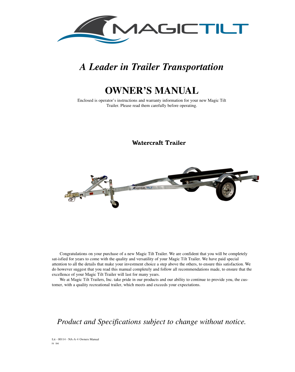 A Leader in Trailer Transportation OWNER's MANUAL