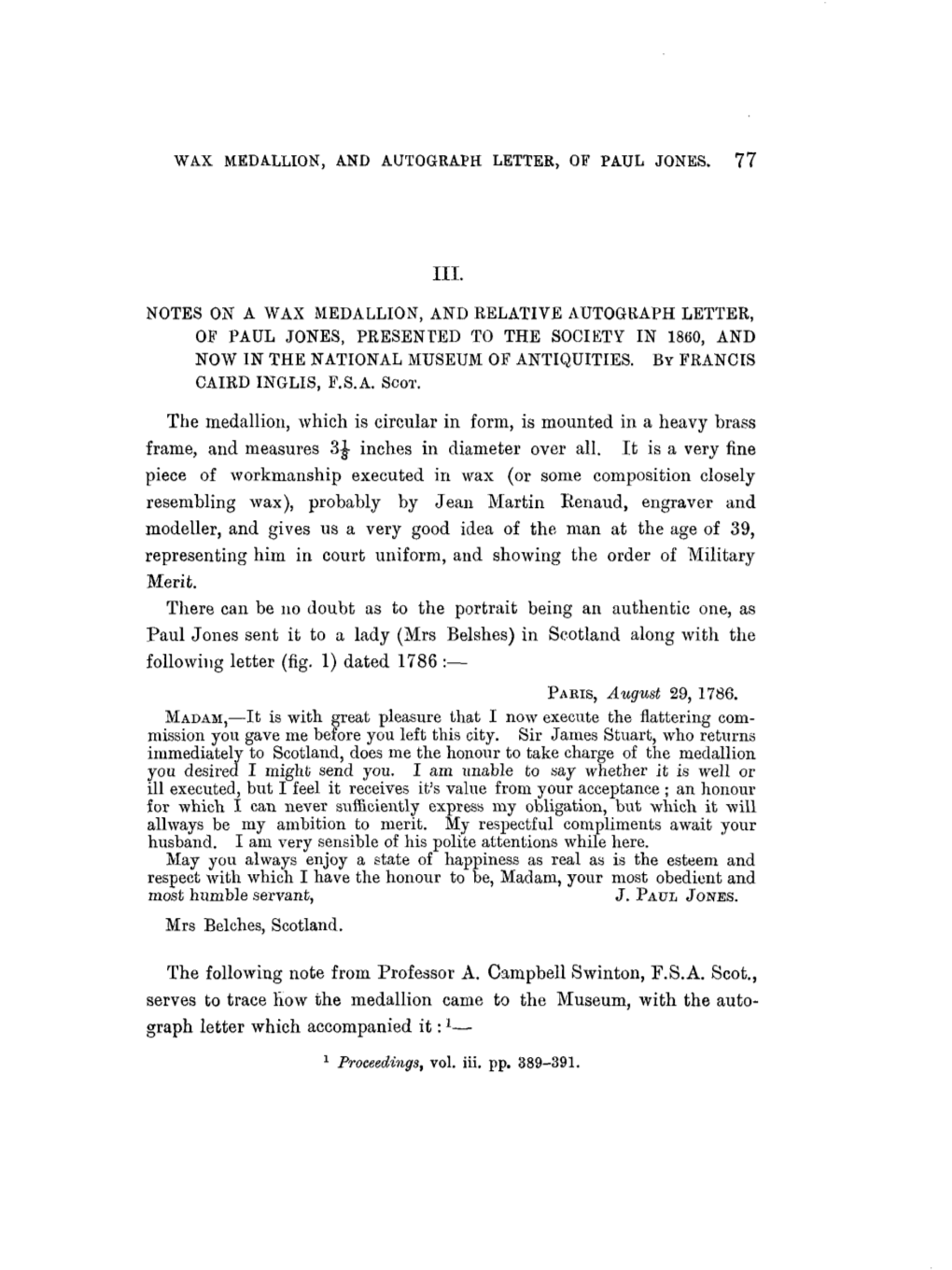 NOTES on a WAX MEDALLION, and RELATIVE AUTOGRAPH LETTER, of PAUL JONES, PRESENTE E SOCIETTH O D1860T N I YD an , NATIONAE NOTH WN I L MUSEU ANTIQUITIESF MO Franciy B