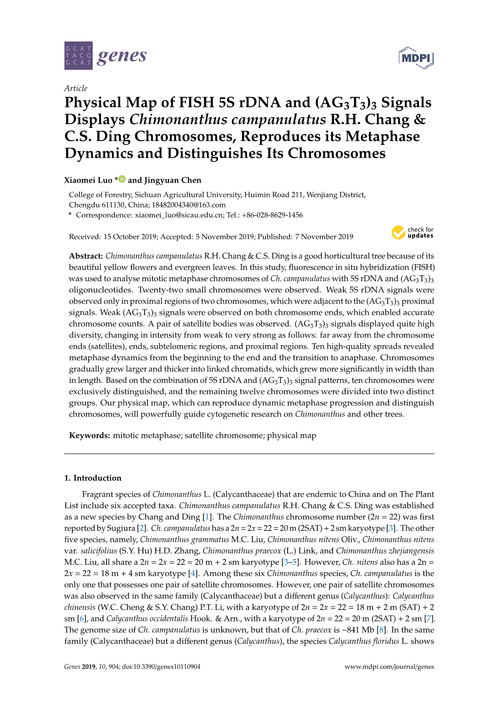 Physical Map of FISH 5S Rdna and (AG3T3)3 Signals Displays Chimonanthus Campanulatus R.H