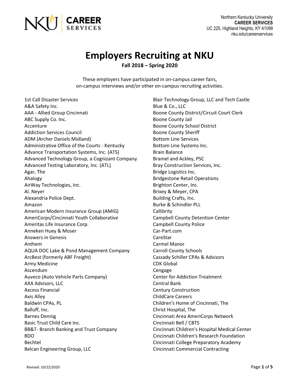Employers Recruiting at NKU Fall18-Spring20