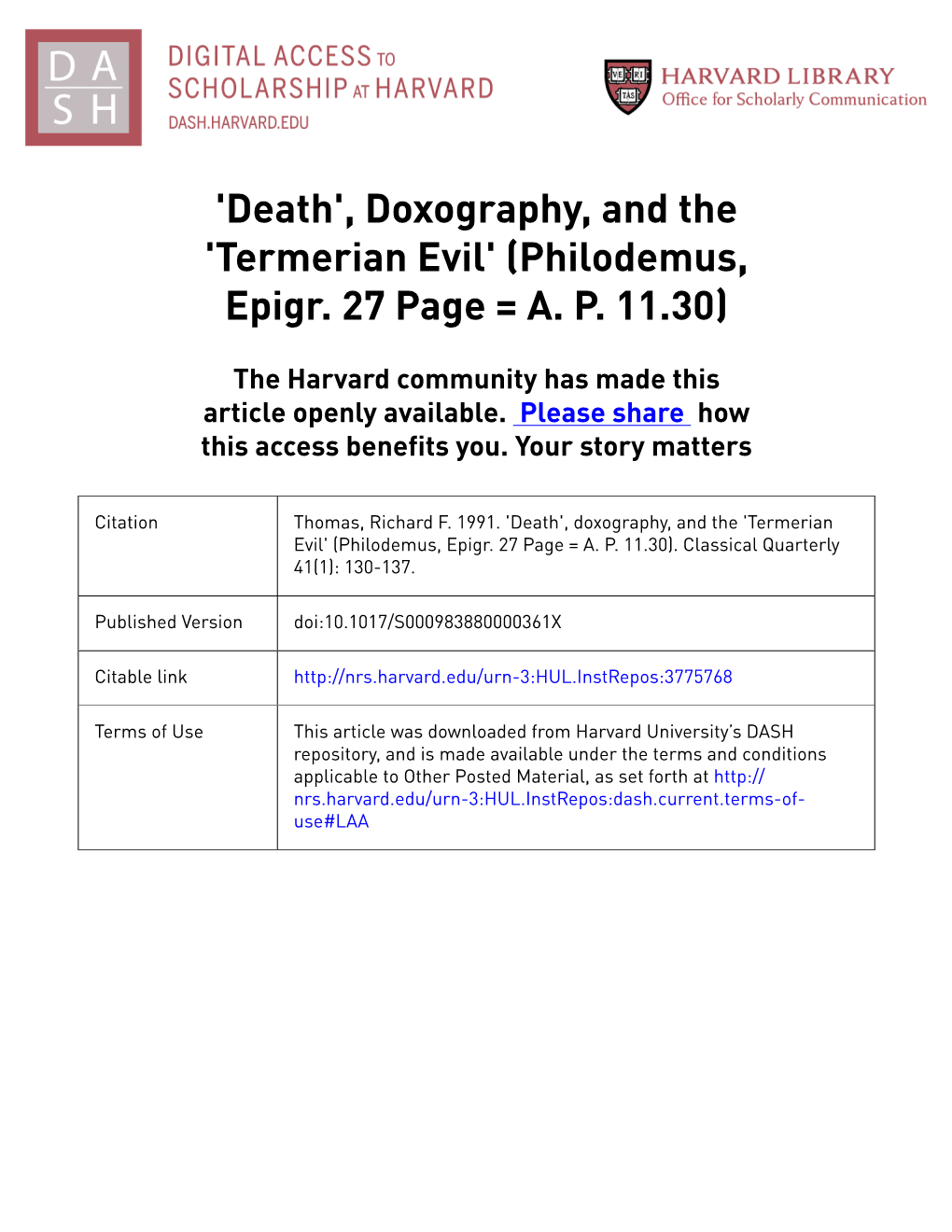 'Death', Doxography, and the 'Termerian Evil' (Philodemus, Epigr