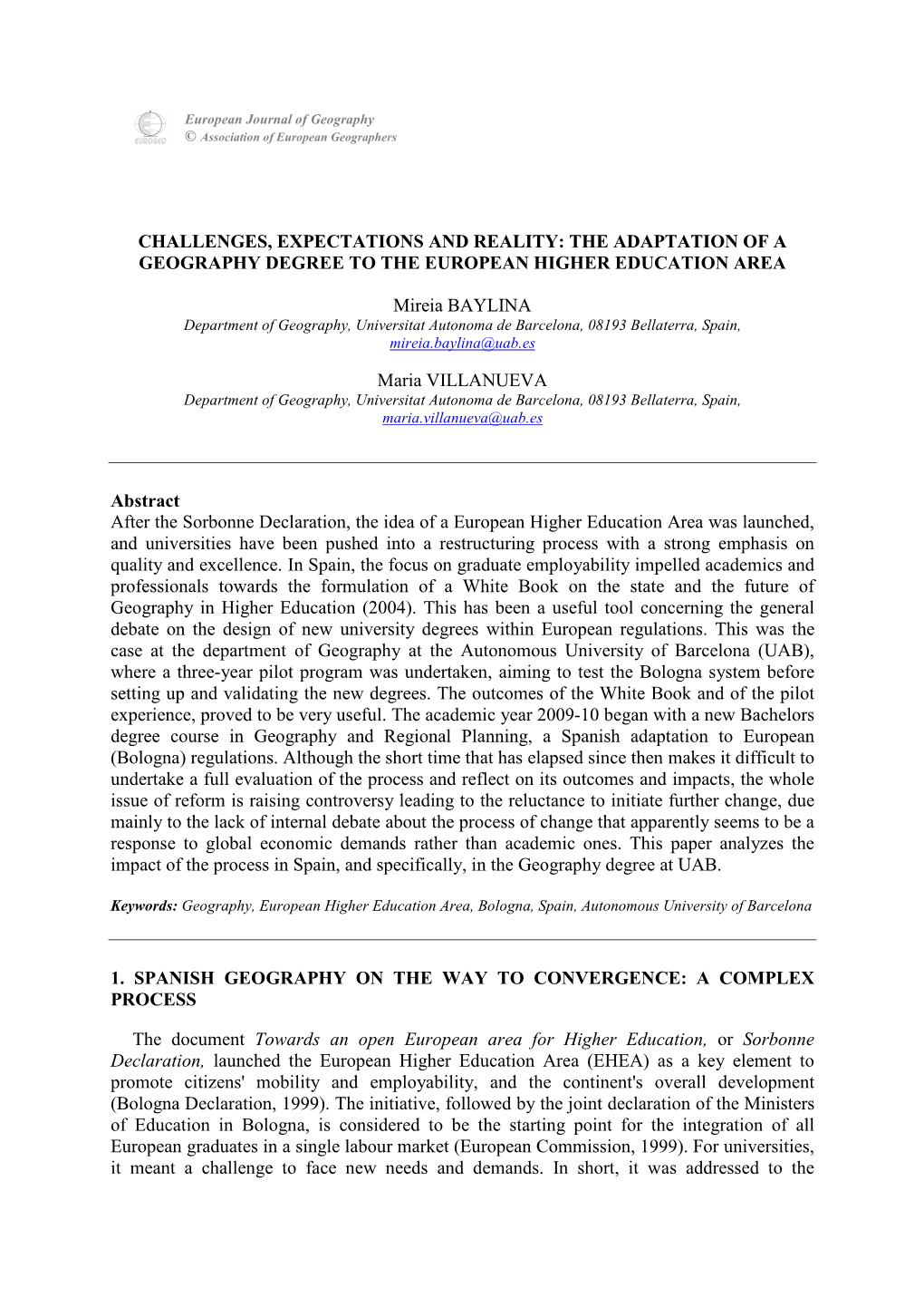 Challenges, Expectations and Reality: the Adaptation of a Geography Degree to the European Higher Education Area