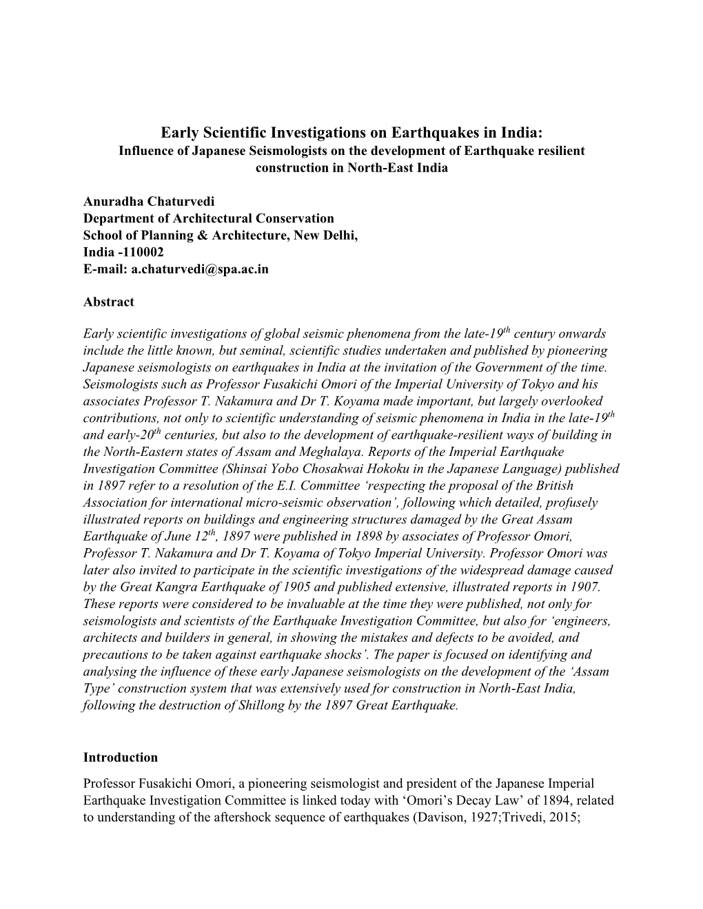 Early Scientific Investigations on Earthquakes in India