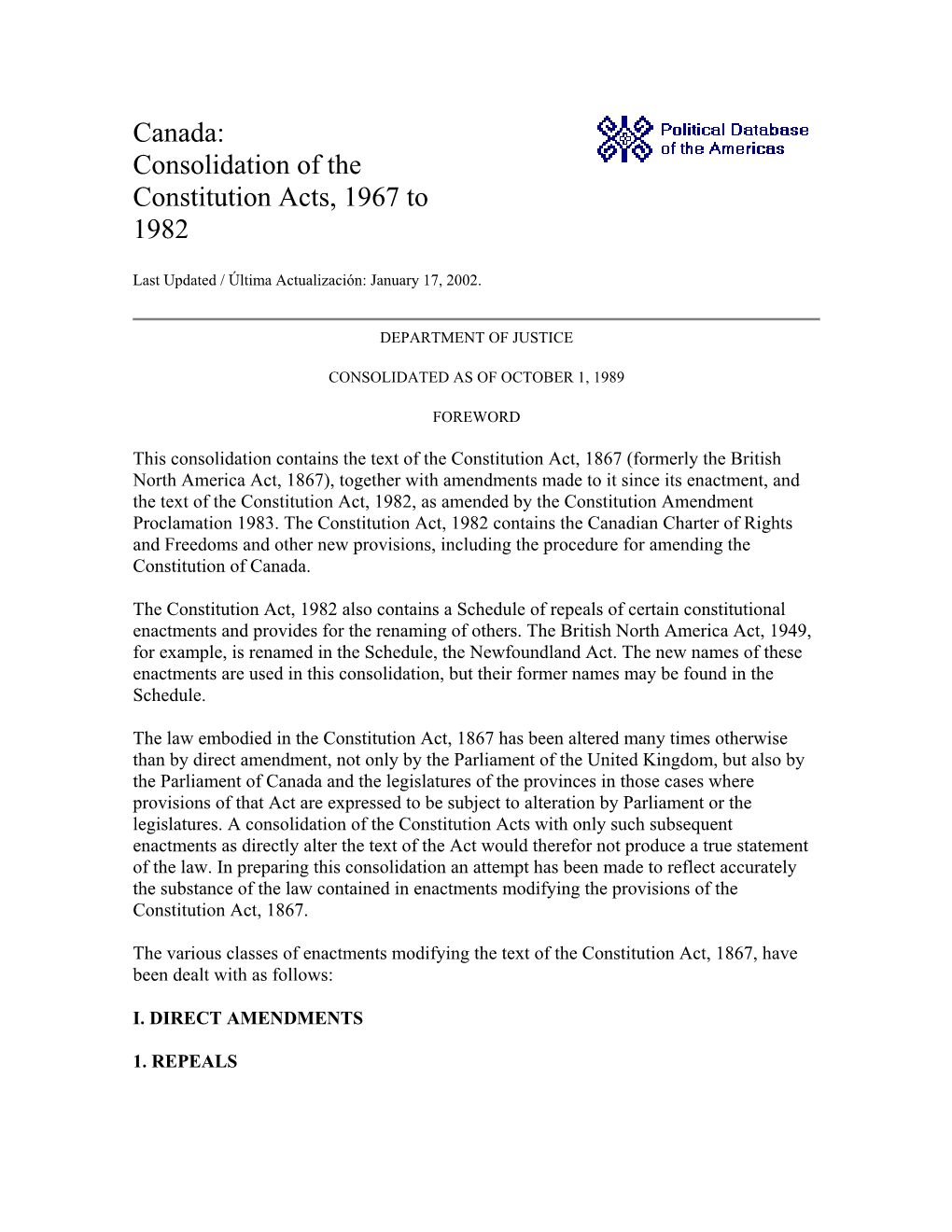 Canada:Consolidation of the Constitution Acts, 1967 to 1982