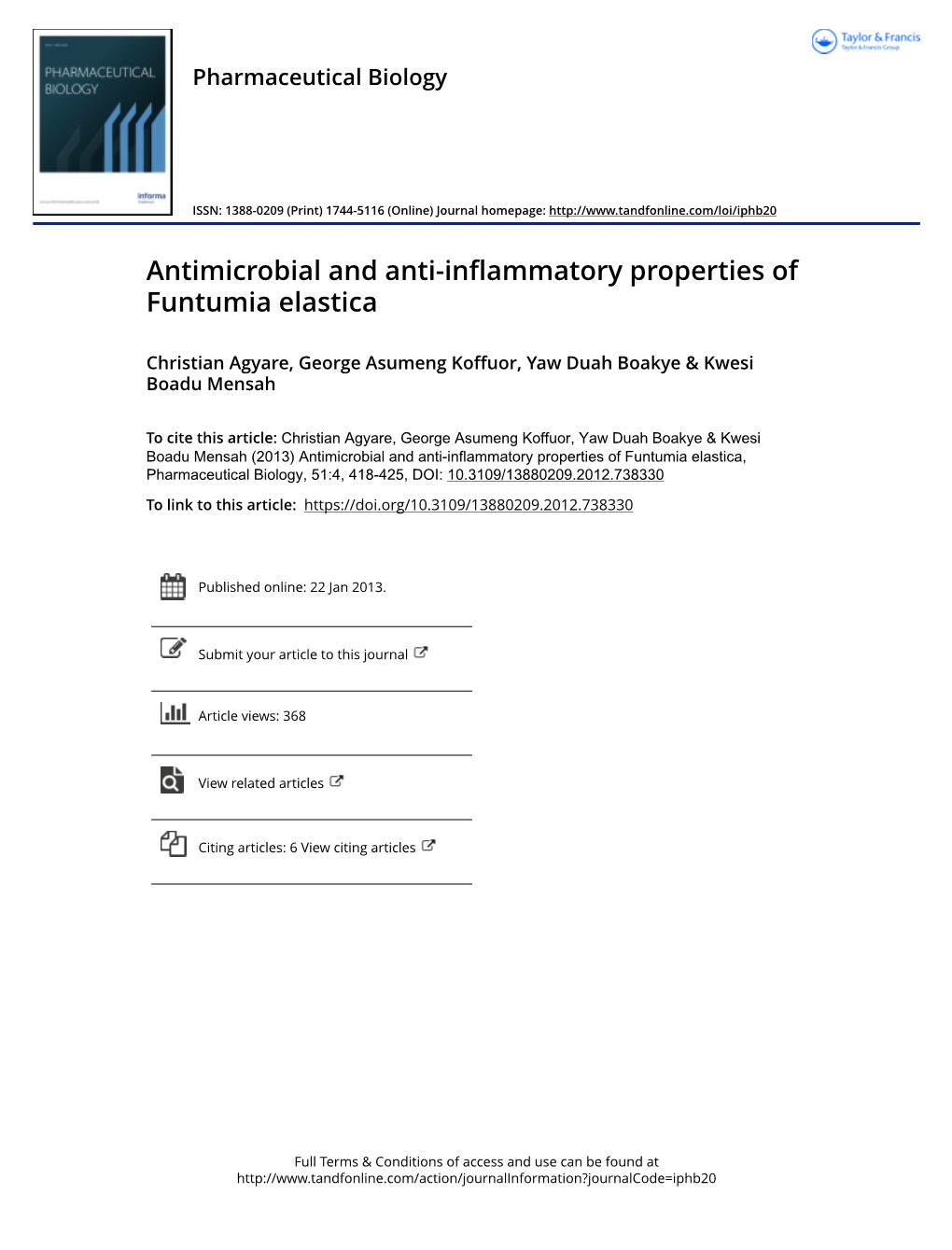 Antimicrobial and Anti-Inflammatory Properties of Funtumia Elastica
