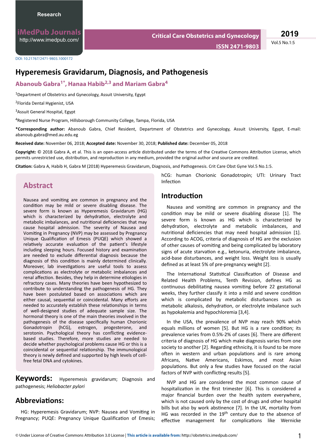Hyperemesis Gravidarum, Diagnosis, and Pathogenesis Abanoub Gabra1*, Hanaa Habib2,3 and Mariam Gabra4