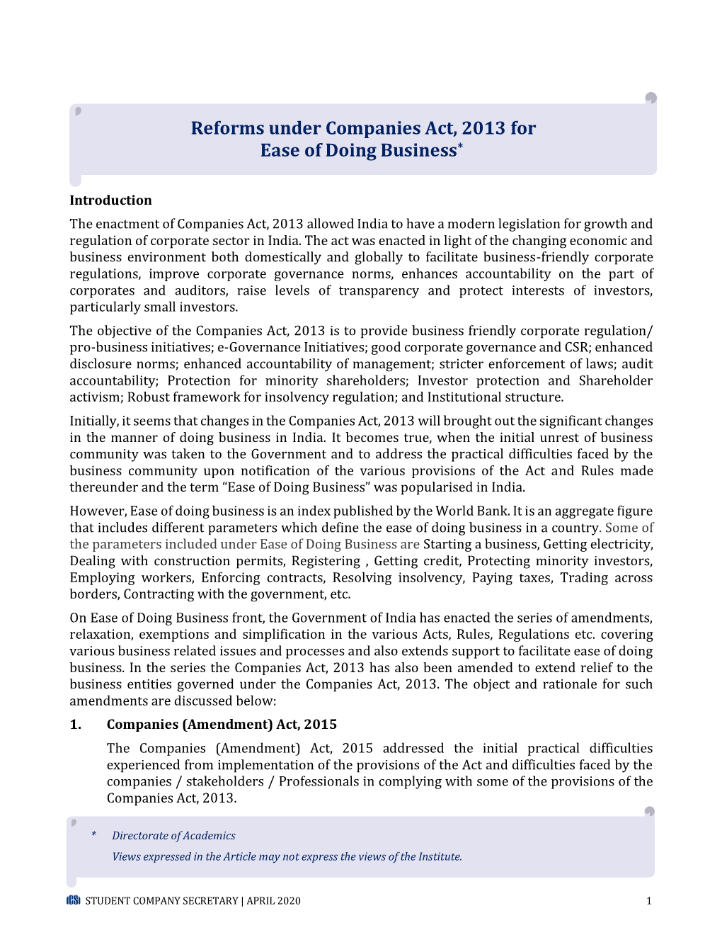 Reforms Under Companies Act, 2013 for Ease of Doing Business*