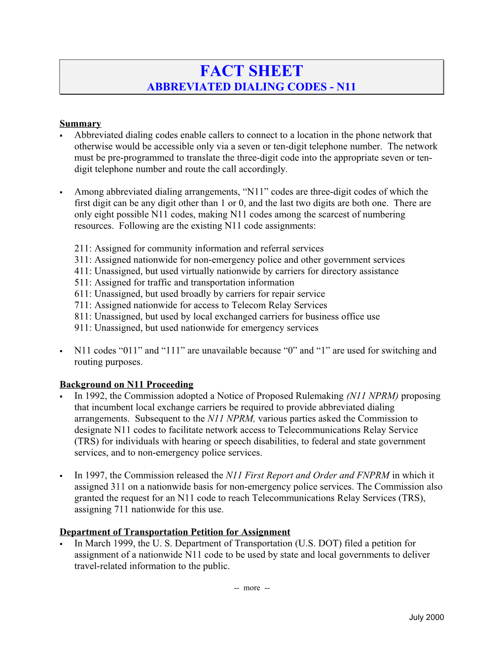 Abbreviated Dialing Codes - N11