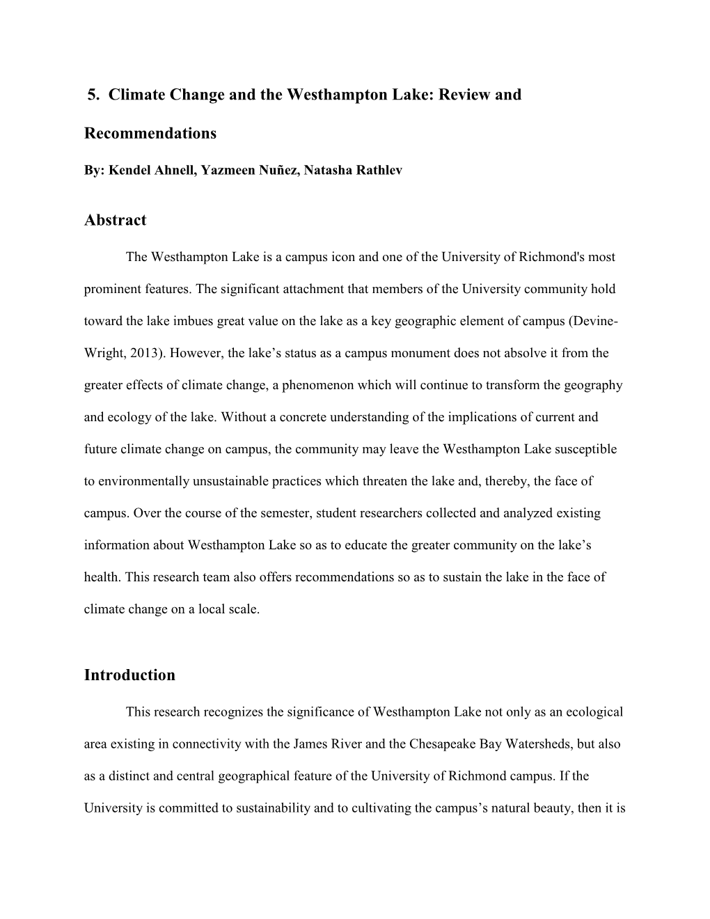 5. Climate Change and the Westhampton Lake: Review And