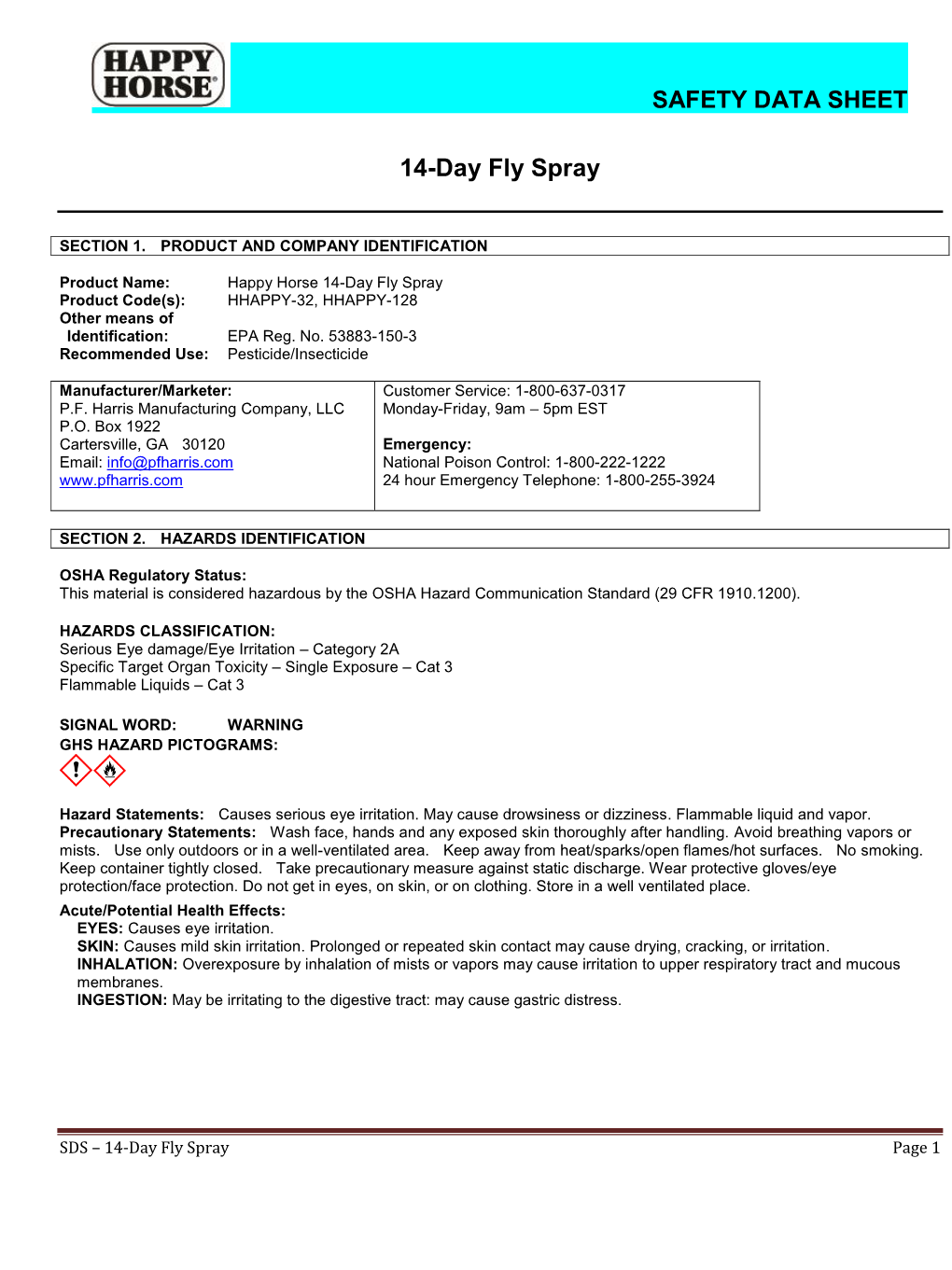 SDS – 14-Day Fly Spray Page 1