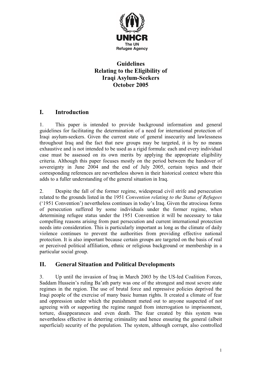 Guidelines Relating to the Eligibility of Iraqi Asylum-Seekers October 2005