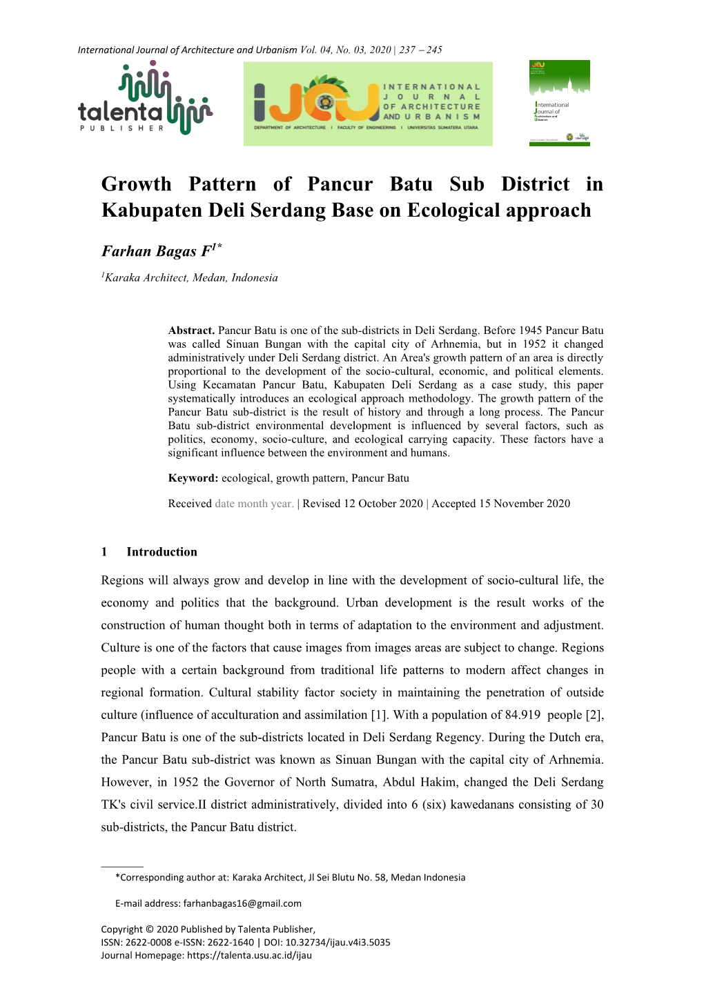 Growth Pattern of Pancur Batu Sub District in Kabupaten Deli Serdang Base on Ecological Approach