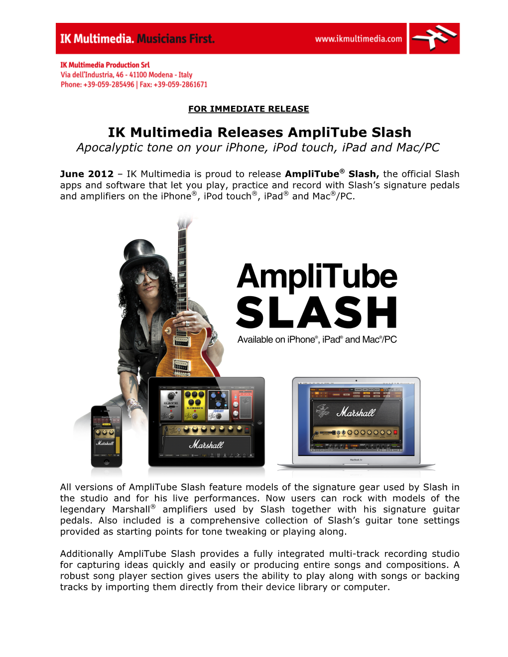 IK Multimedia Releases Amplitube Slash Apocalyptic Tone on Your Iphone, Ipod Touch, Ipad and Mac/PC