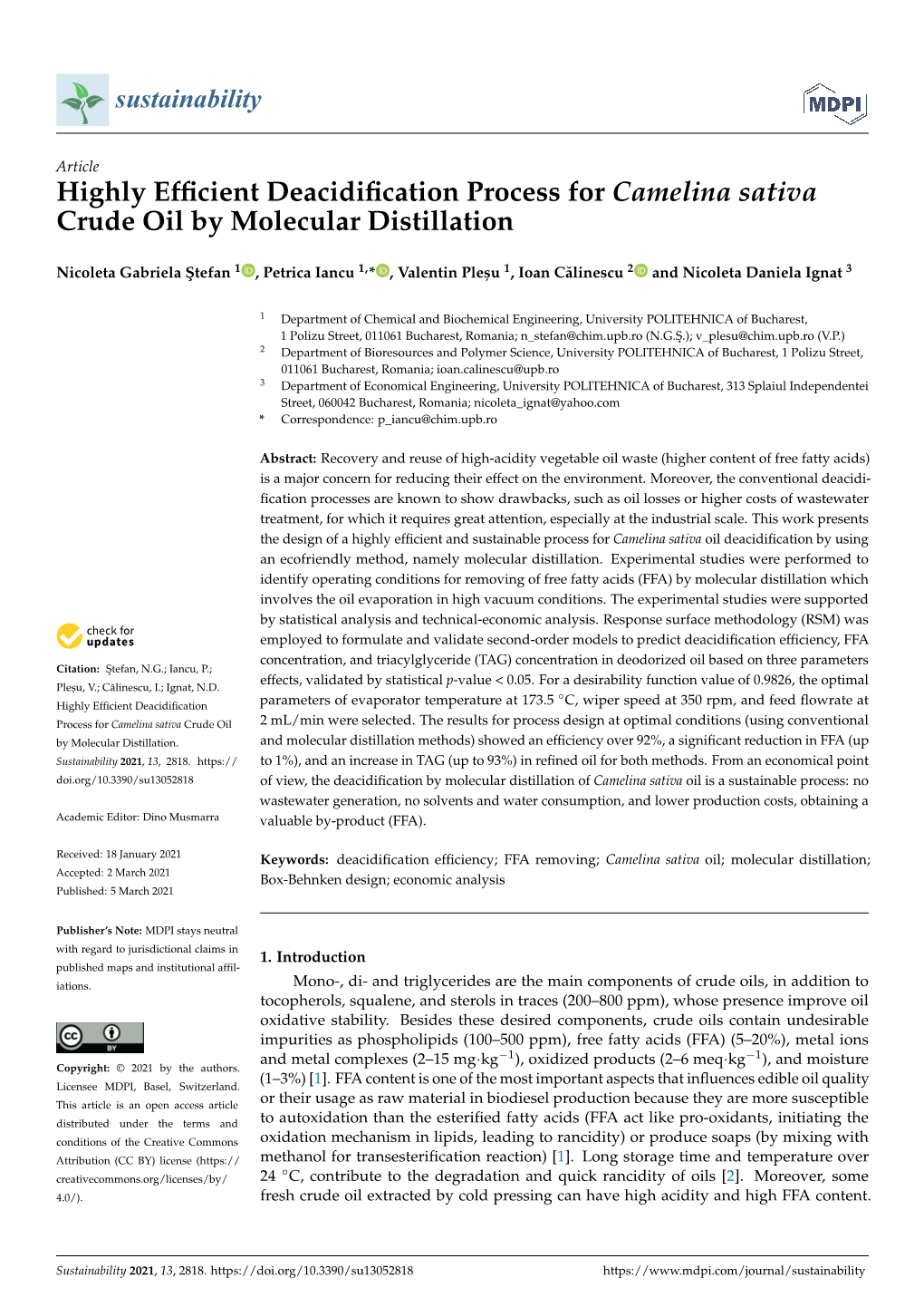 Highly Efficient Deacidification Process for Camelina Sativa Crude
