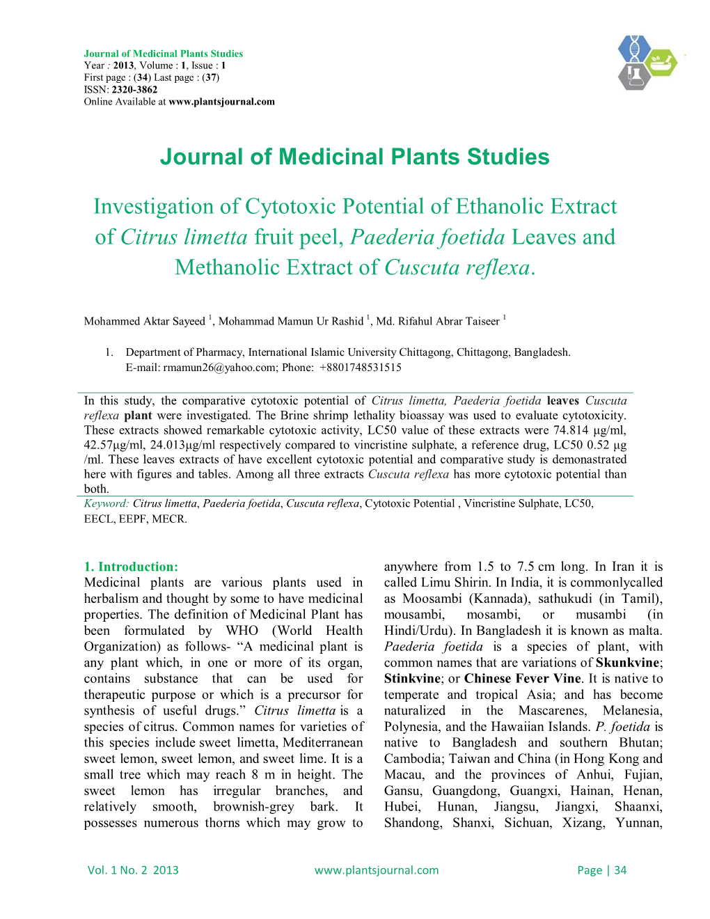 Journal of Medicinal Plants Studies Investigation of Cytotoxic Potential