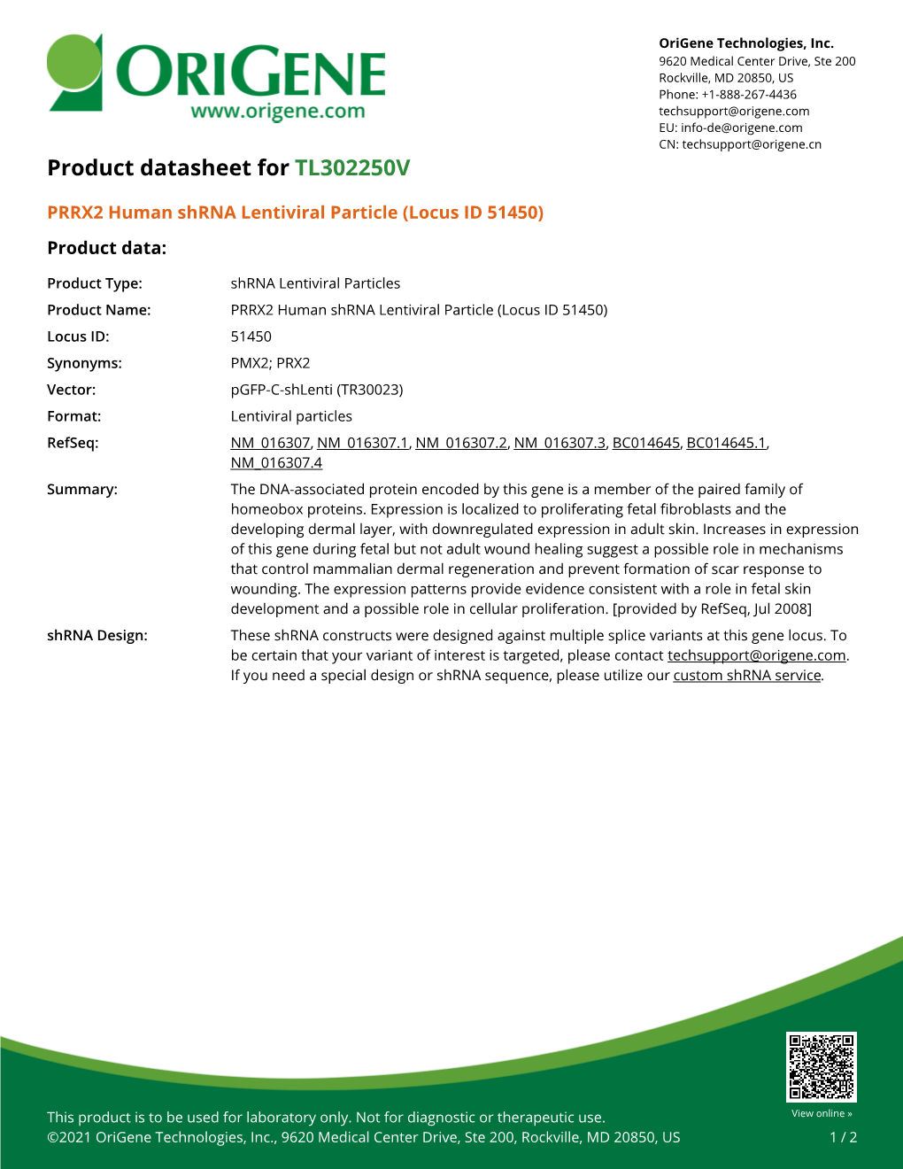 PRRX2 Human Shrna Lentiviral Particle (Locus ID 51450) Product Data