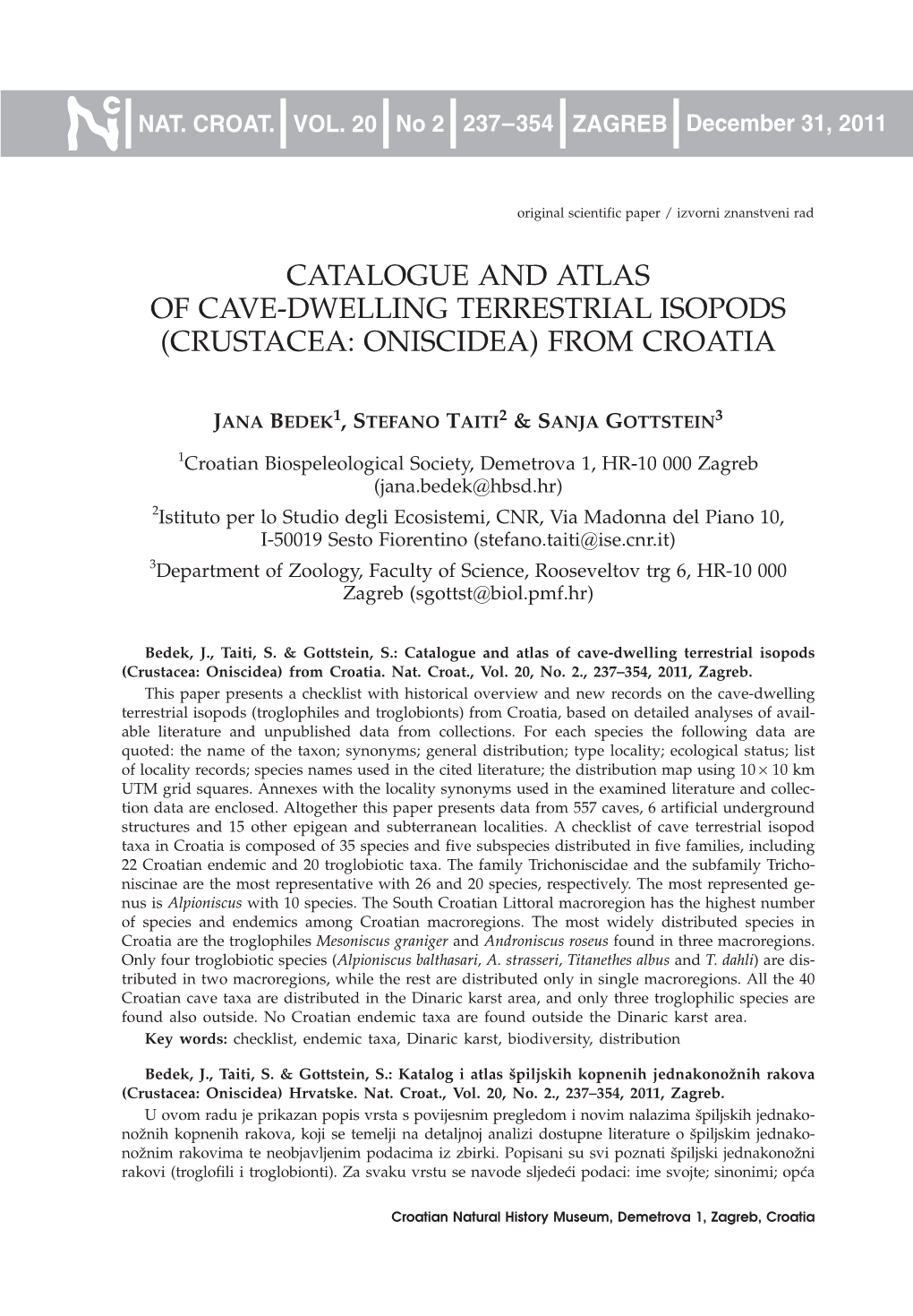 Catalogue and Atlas of Cave-Dwelling Terrestrial Isopods (Crustacea: Oniscidea) from Croatia