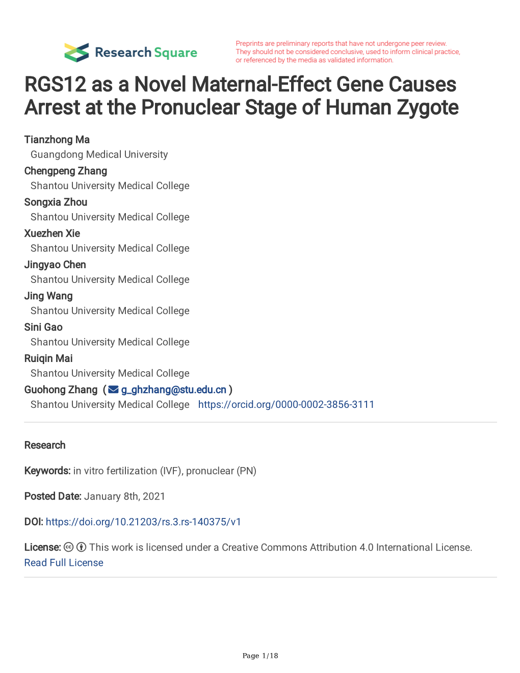 RGS12 As a Novel Maternal-Effect Gene Causes Arrest at the Pronuclear Stage of Human Zygote