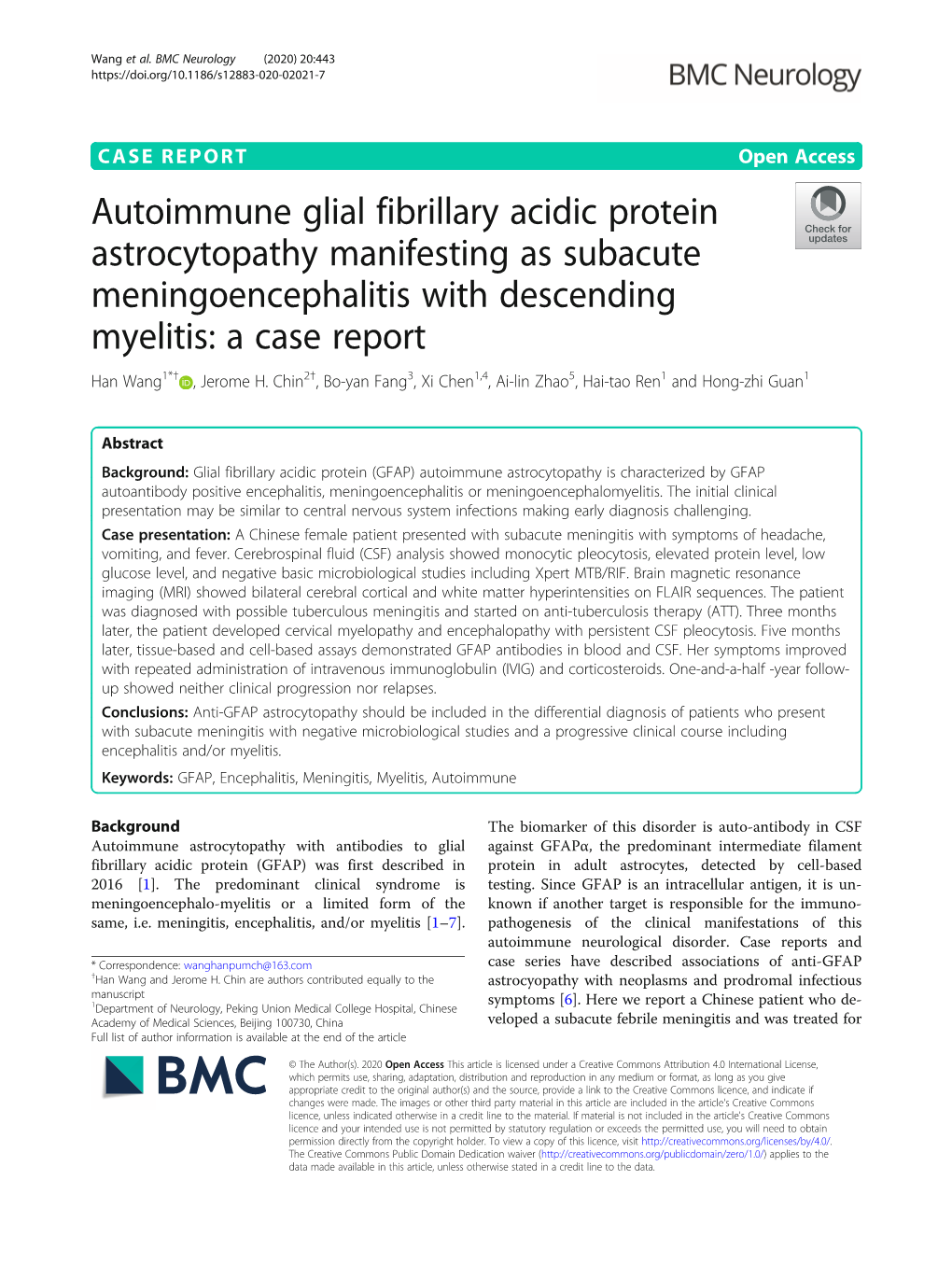 Autoimmune Glial Fibrillary Acidic Protein Astrocytopathy Manifesting As Subacute Meningoencephalitis with Descending Myelitis: a Case Report Han Wang1*† , Jerome H