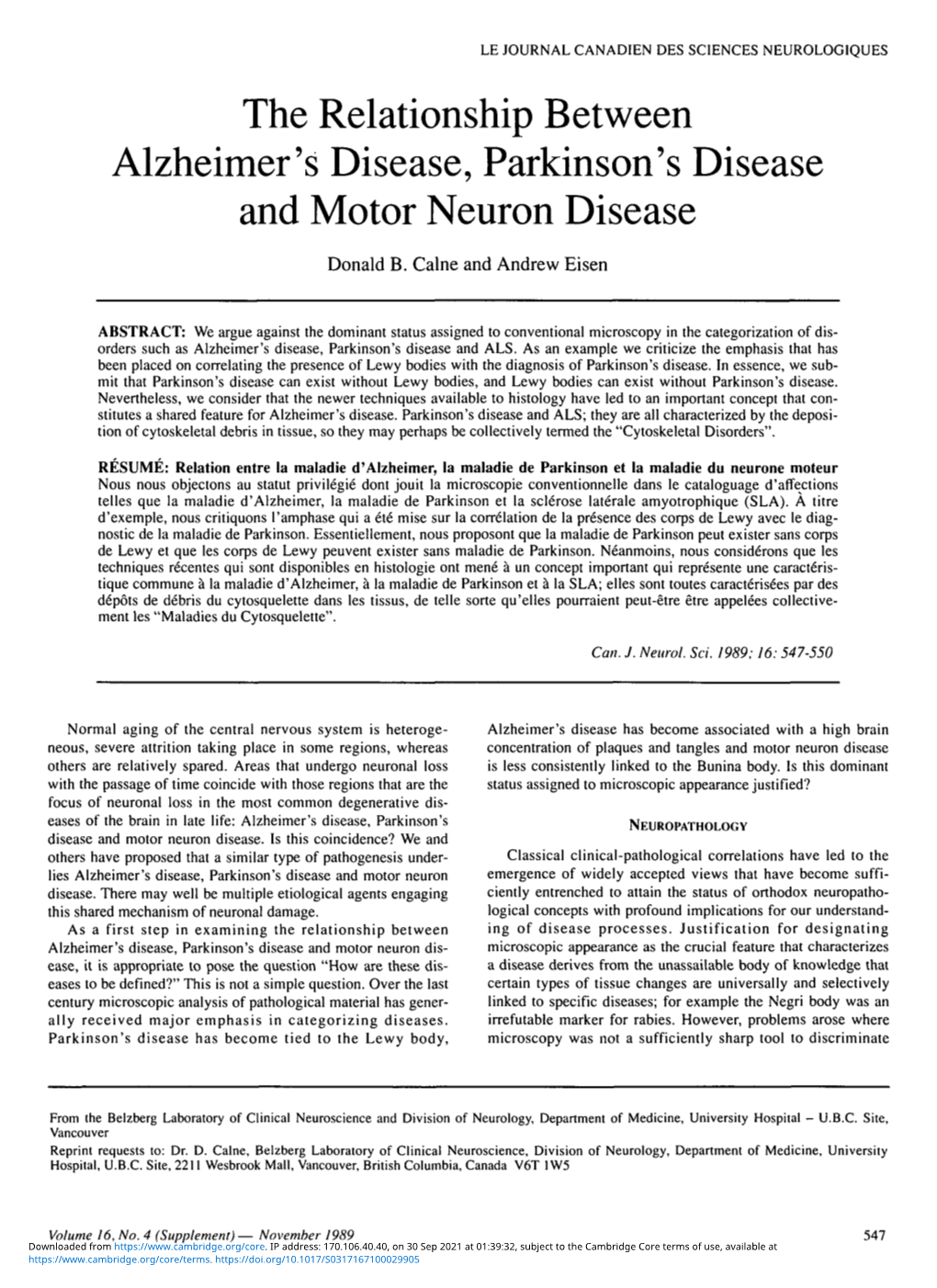 The Relationship Between Alzheimer's Disease, Parkinson's Disease and Motor Neuron Disease