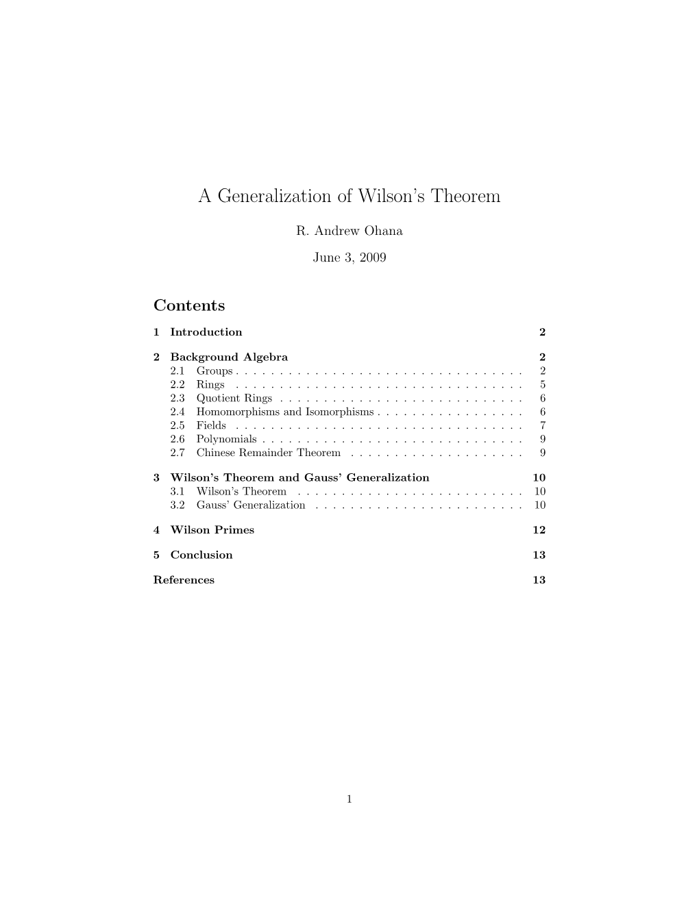 A Generalization of Wilson's Theorem