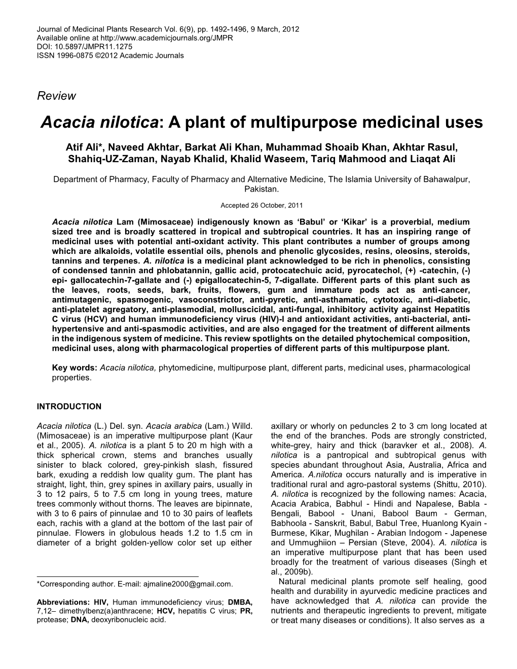 Acacia Nilotica: a Plant of Multipurpose Medicinal Uses