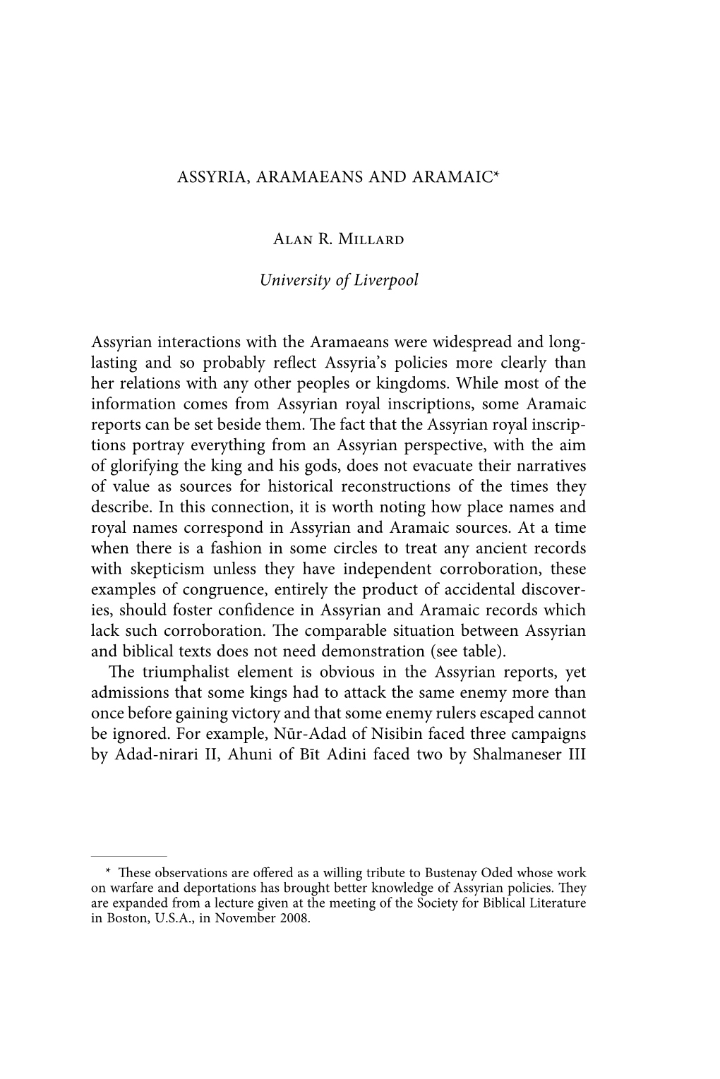 ASSYRIA, ARAMAEANS and ARAMAIC* Alan R. Millard