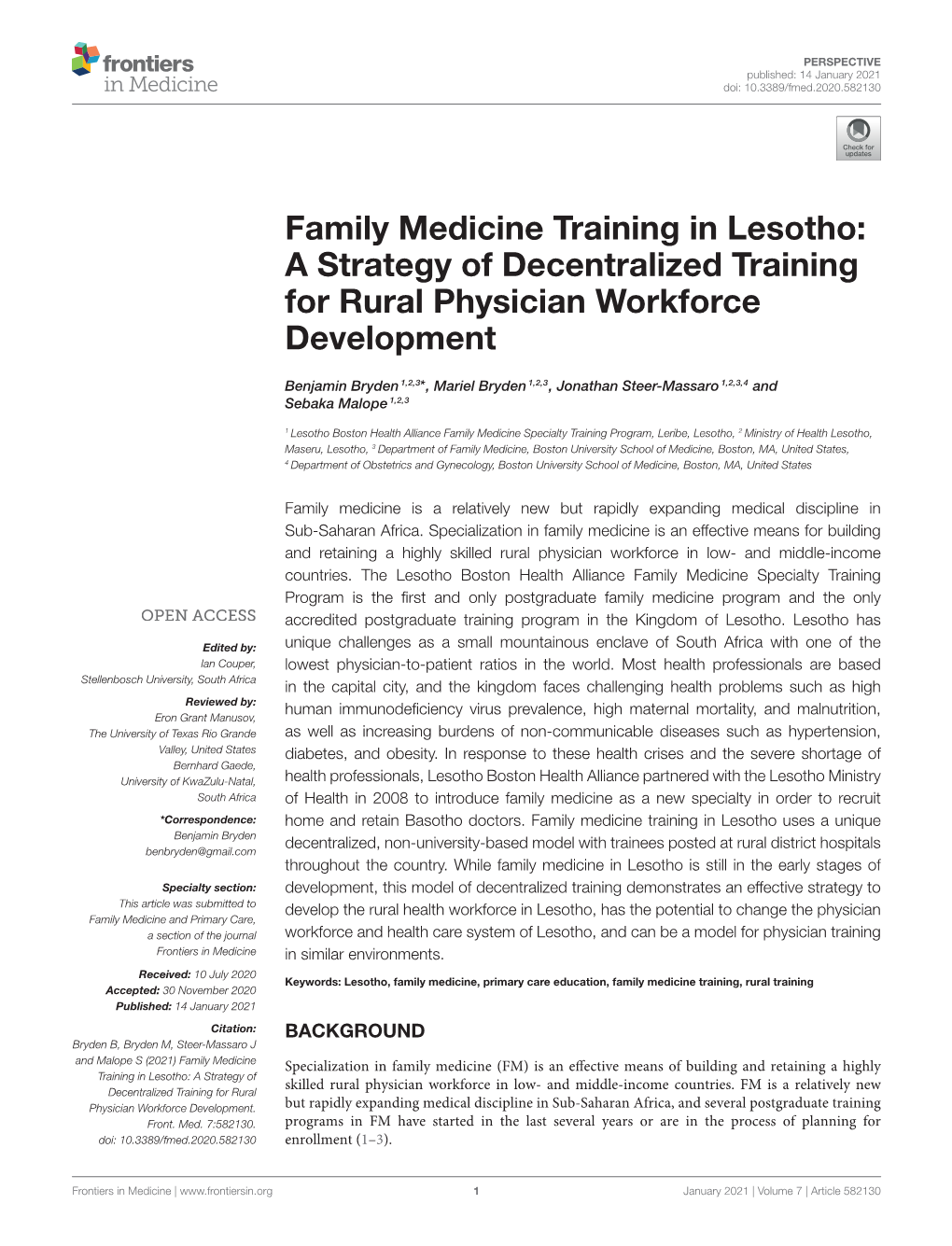 Family Medicine Training in Lesotho: a Strategy of Decentralized Training for Rural Physician Workforce Development