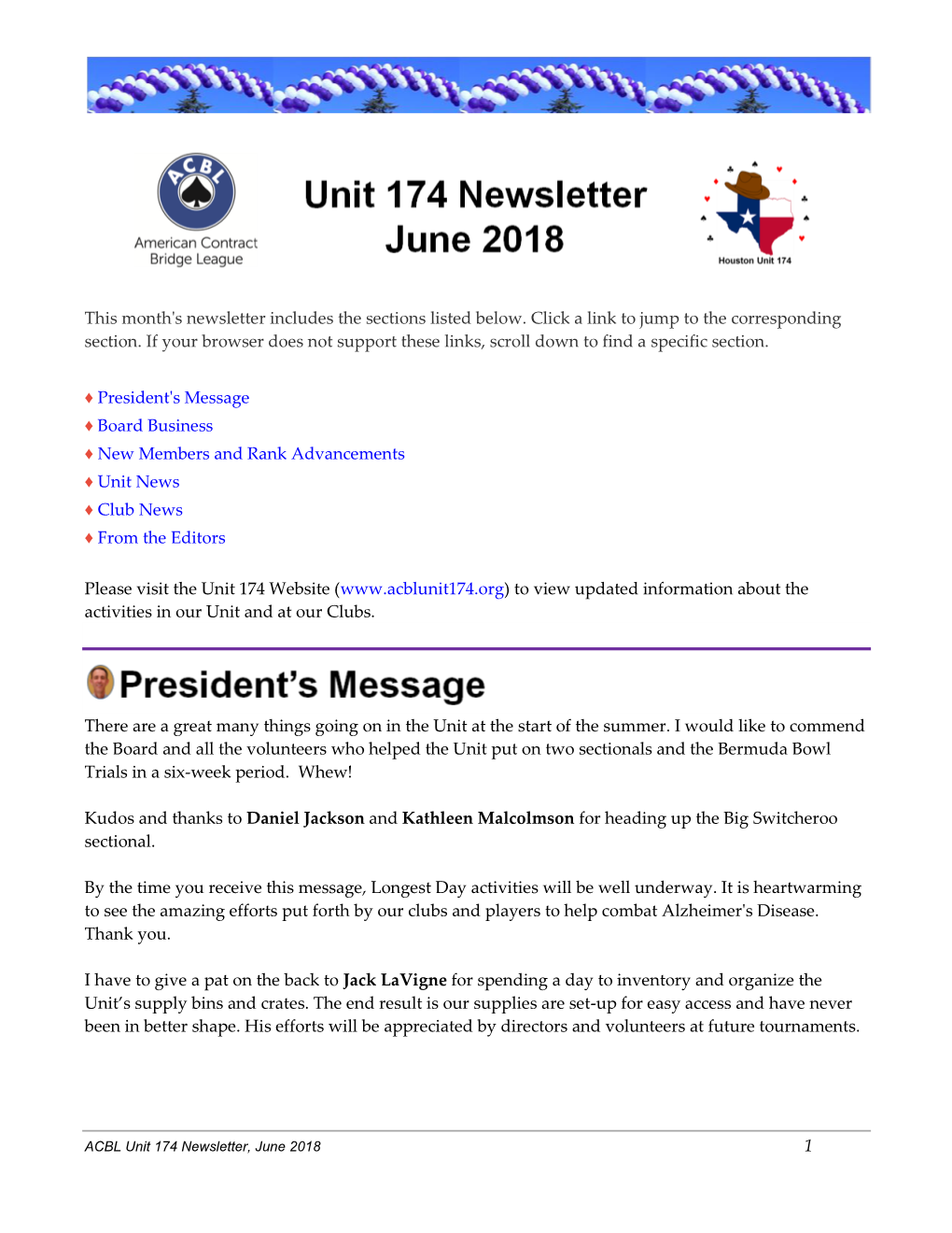 1 This Month's Newsletter Includes the Sections Listed Below. Click a Link To