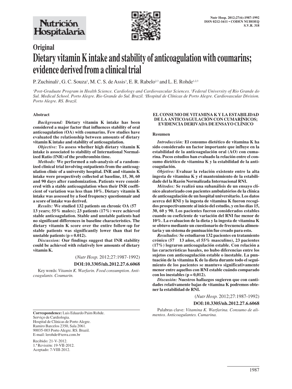 Dietary Vitamin K Intake and Stability of Anticoagulation with Coumarins; Evidence Derived from a Clinical Trial P