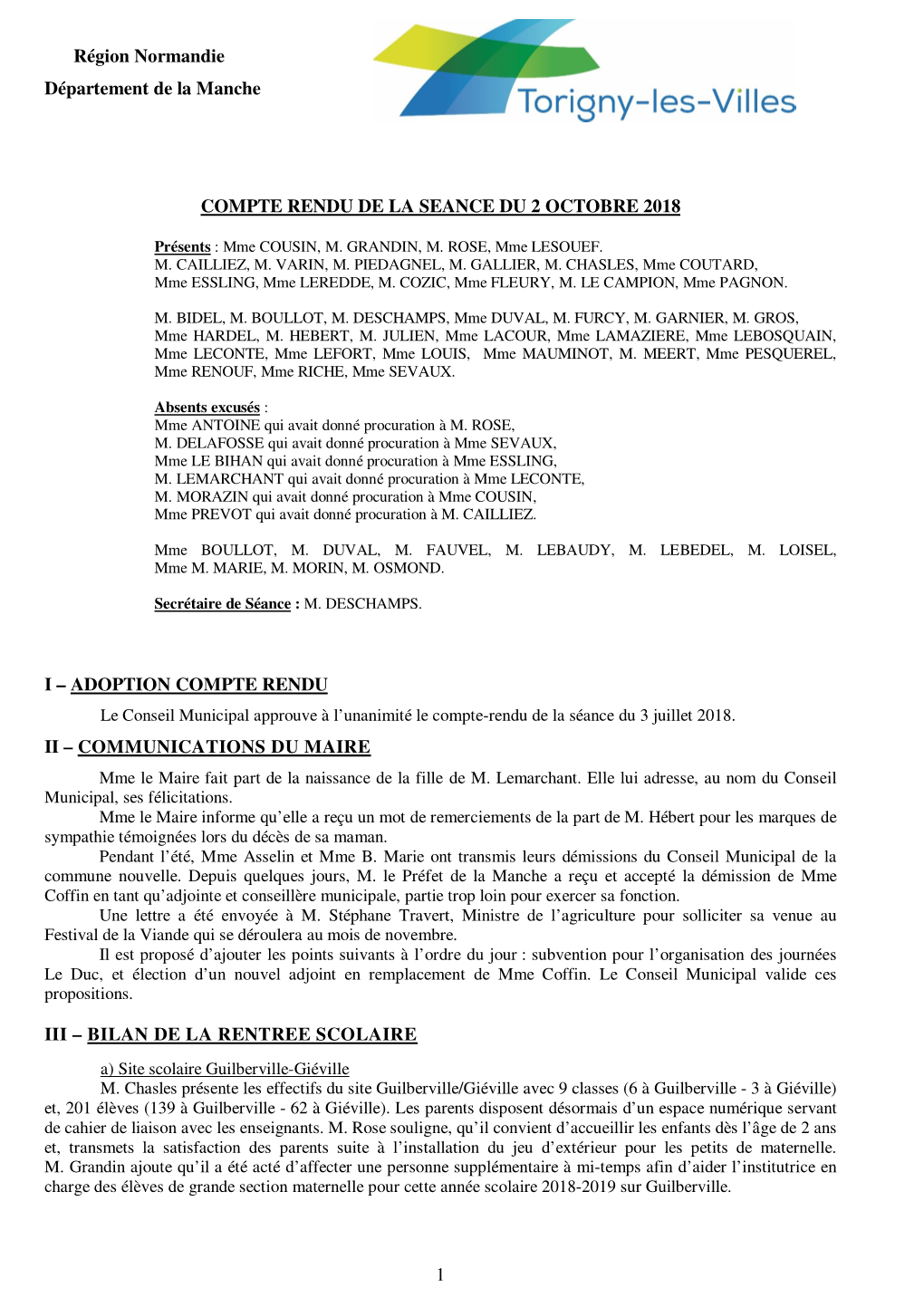 1 Région Normandie Département De La Manche COMPTE RENDU DE LA SEANCE DU 2 OCTOBRE 2018 I