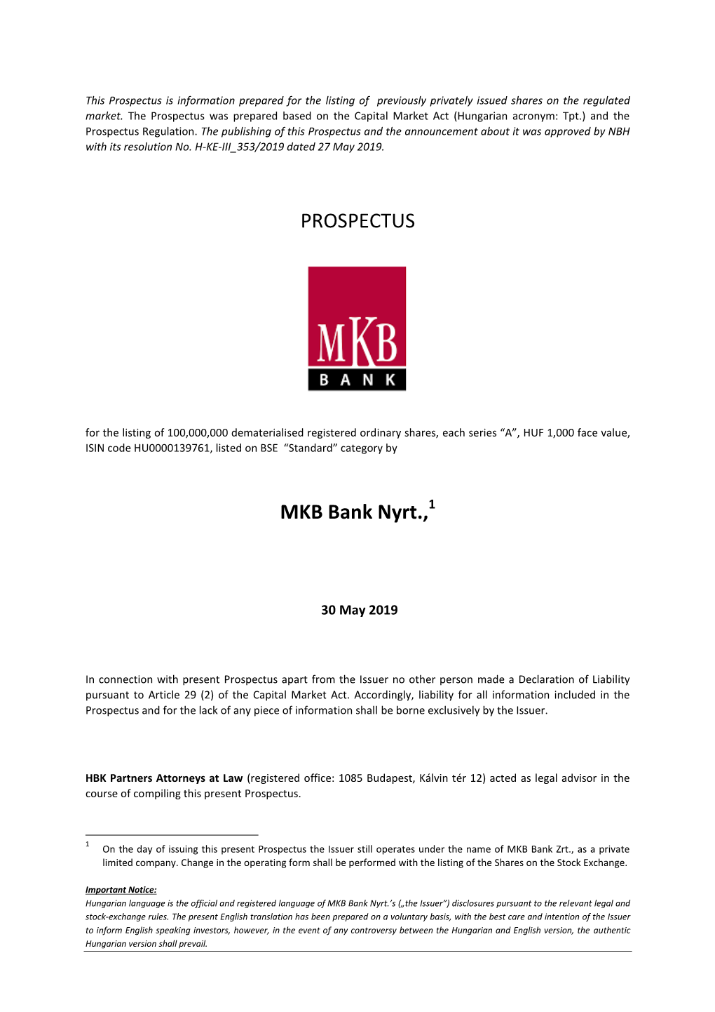 PROSPECTUS MKB Bank Nyrt