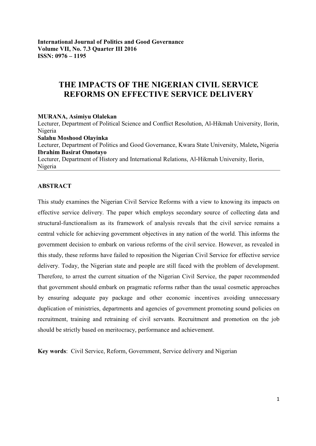 The Impacts of the Nigerian Civil Service Reforms on Effective Service Delivery