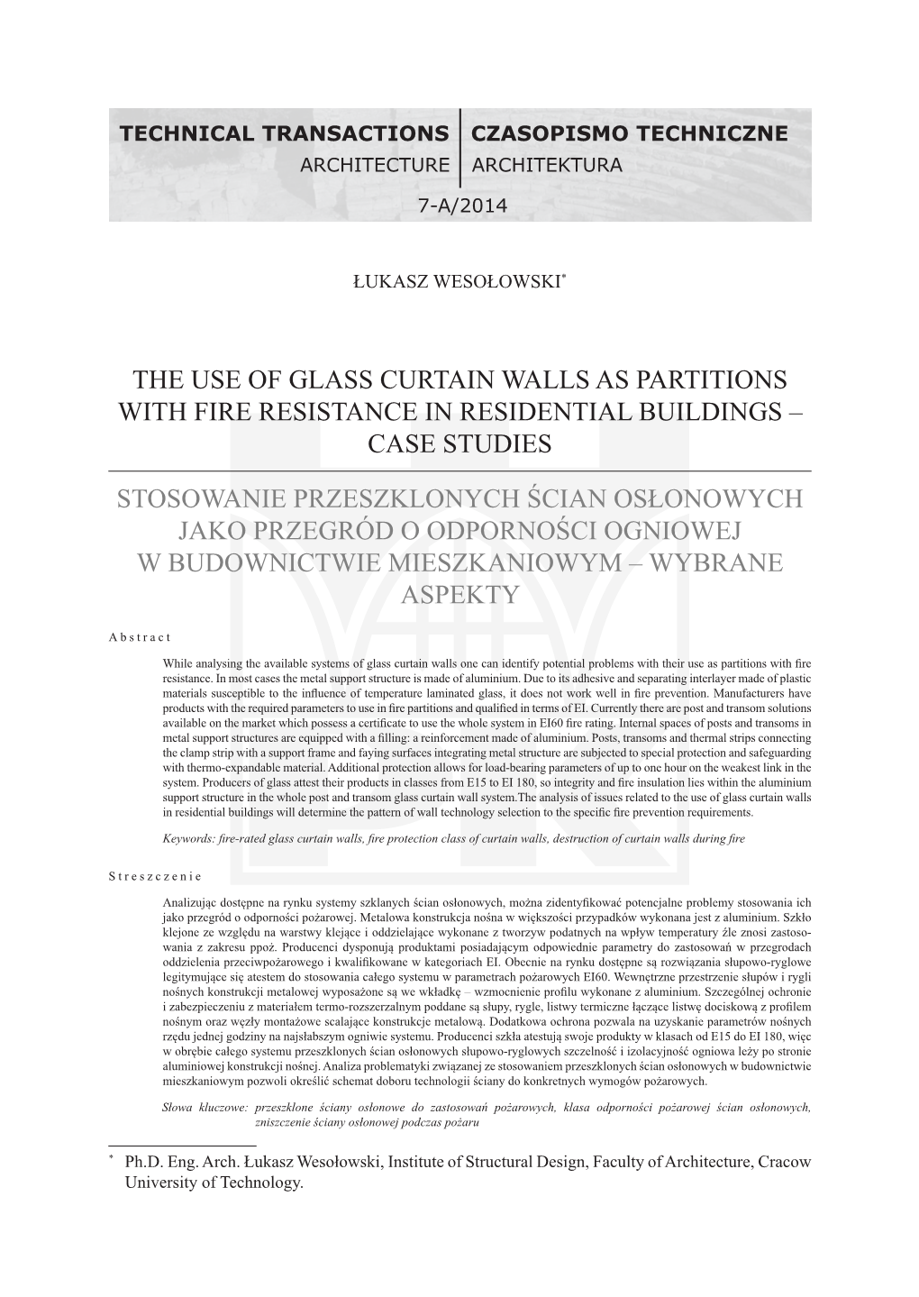 Technical Transactions I. 14. Architecture I