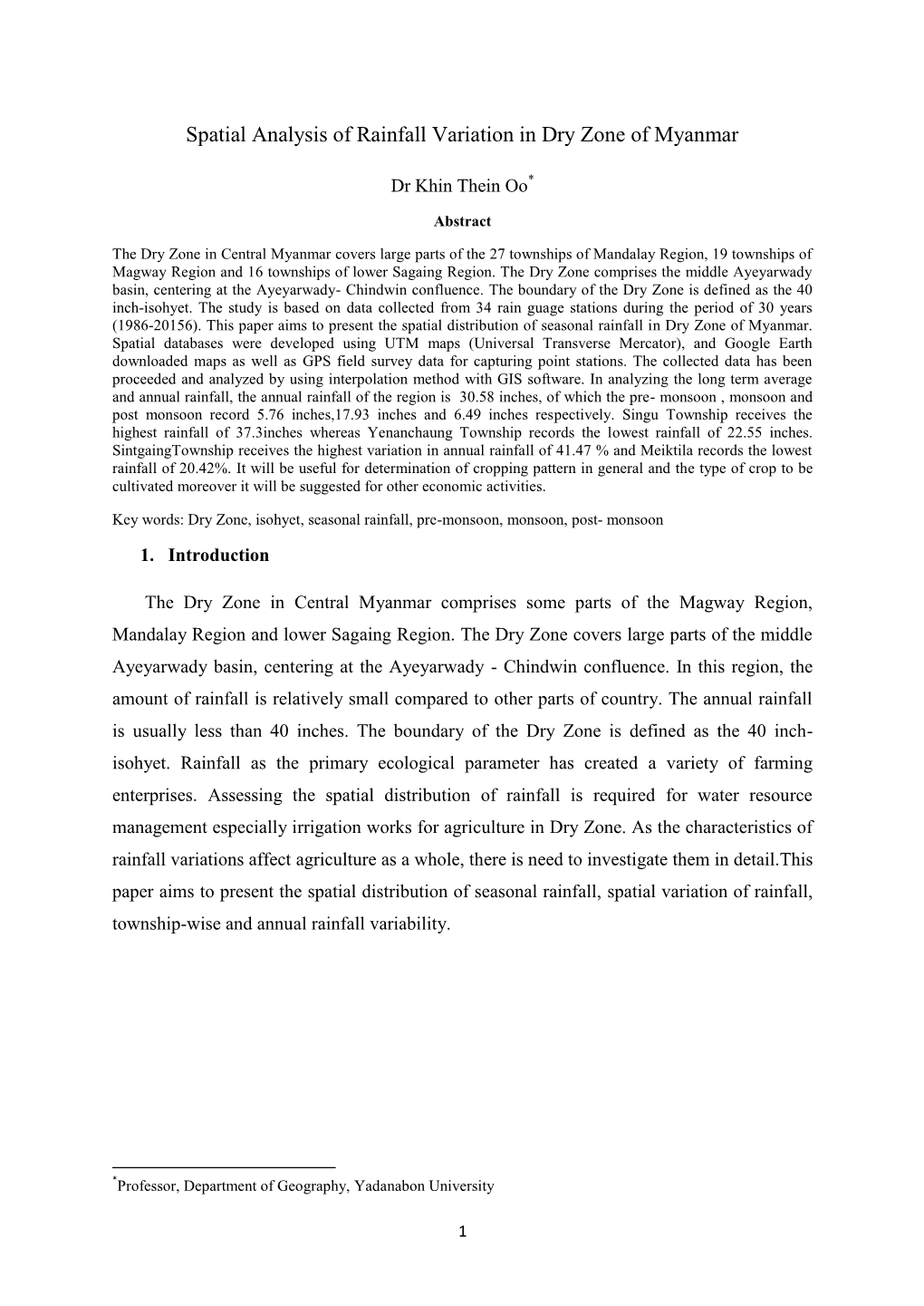 Spatial Analysis of Rainfall Variation in Dry Zone of Myanmar