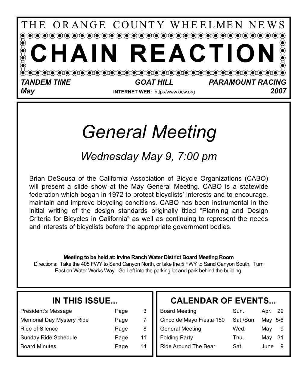 General Meeting Wednesday May 9, 7:00 Pm