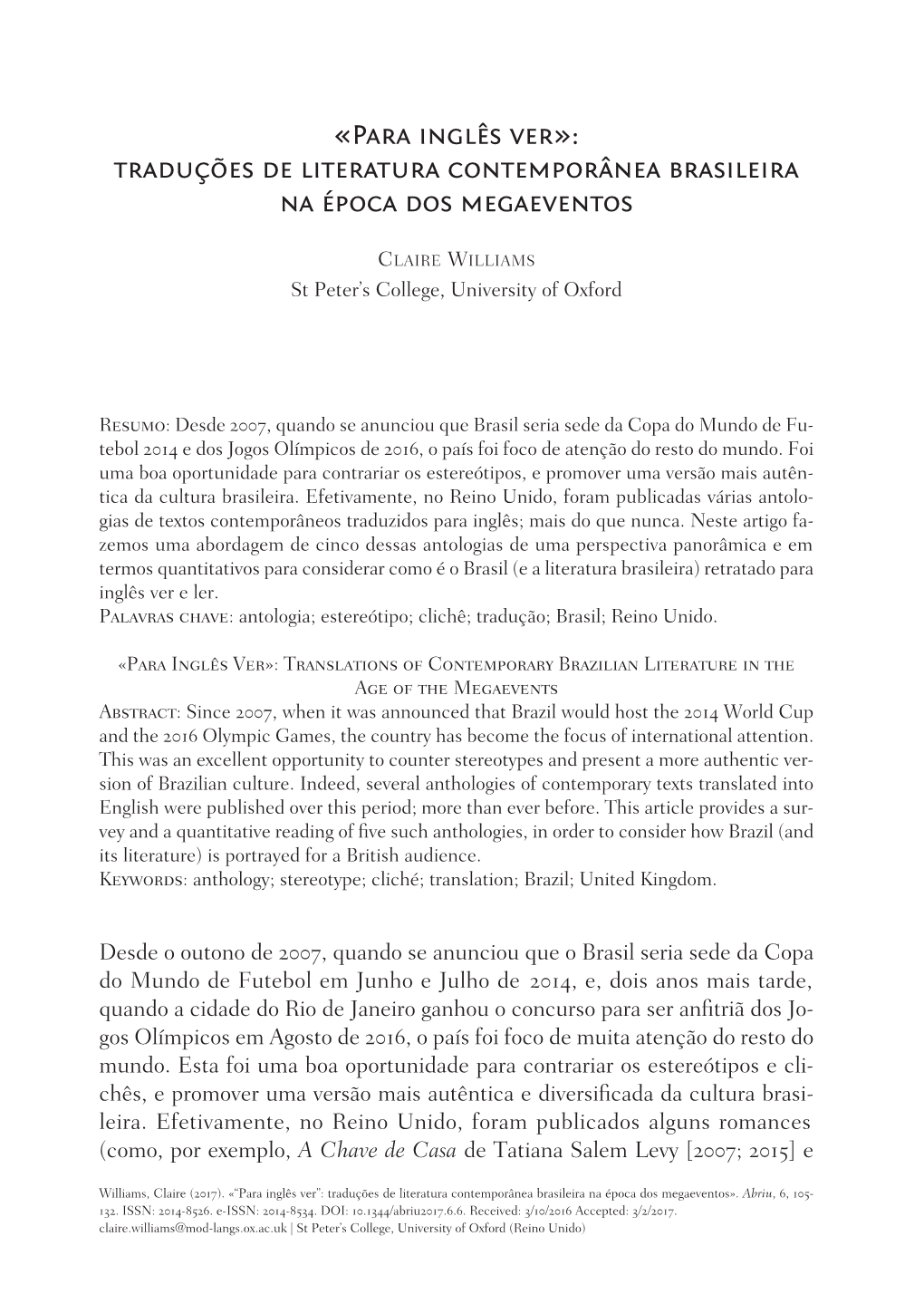 «Para Inglês Ver»: Traduções De Literatura Contemporânea Brasileira Na Época Dos Megaeventos