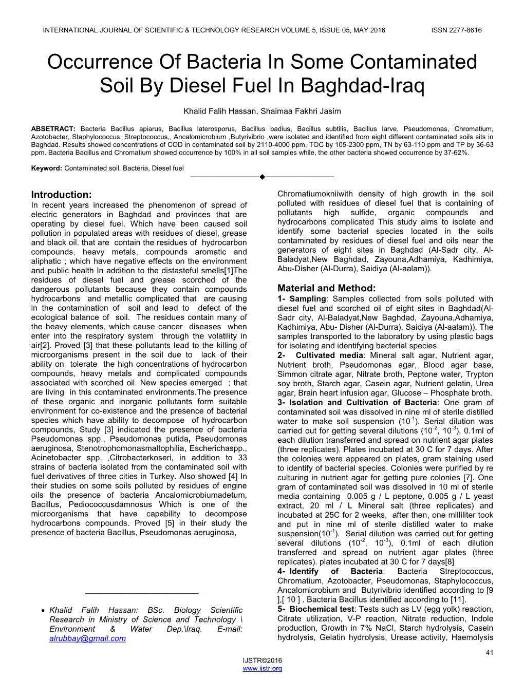Occurrence of Bacteria in Some Contaminated Soil by Diesel Fuel in Baghdad-Iraq