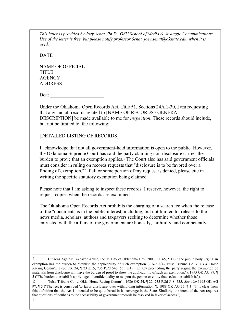 This Letter Is Provided by Joey Senat, Ph.D., OSU School of Media & Strategic Communications