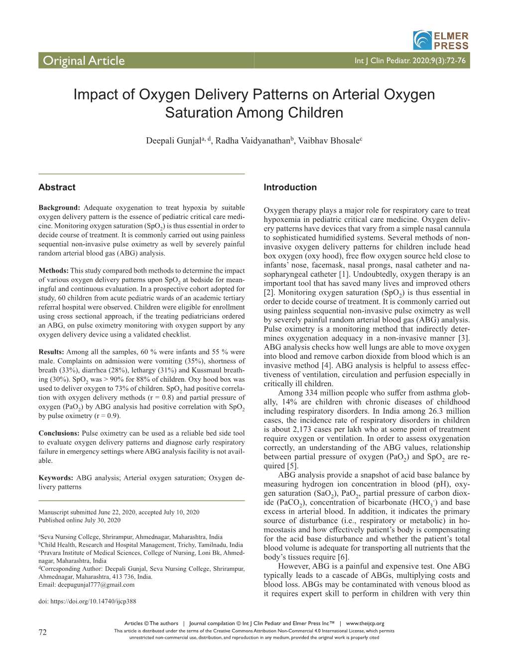 Impact of Oxygen Delivery Patterns on Arterial Oxygen Saturation Among Children