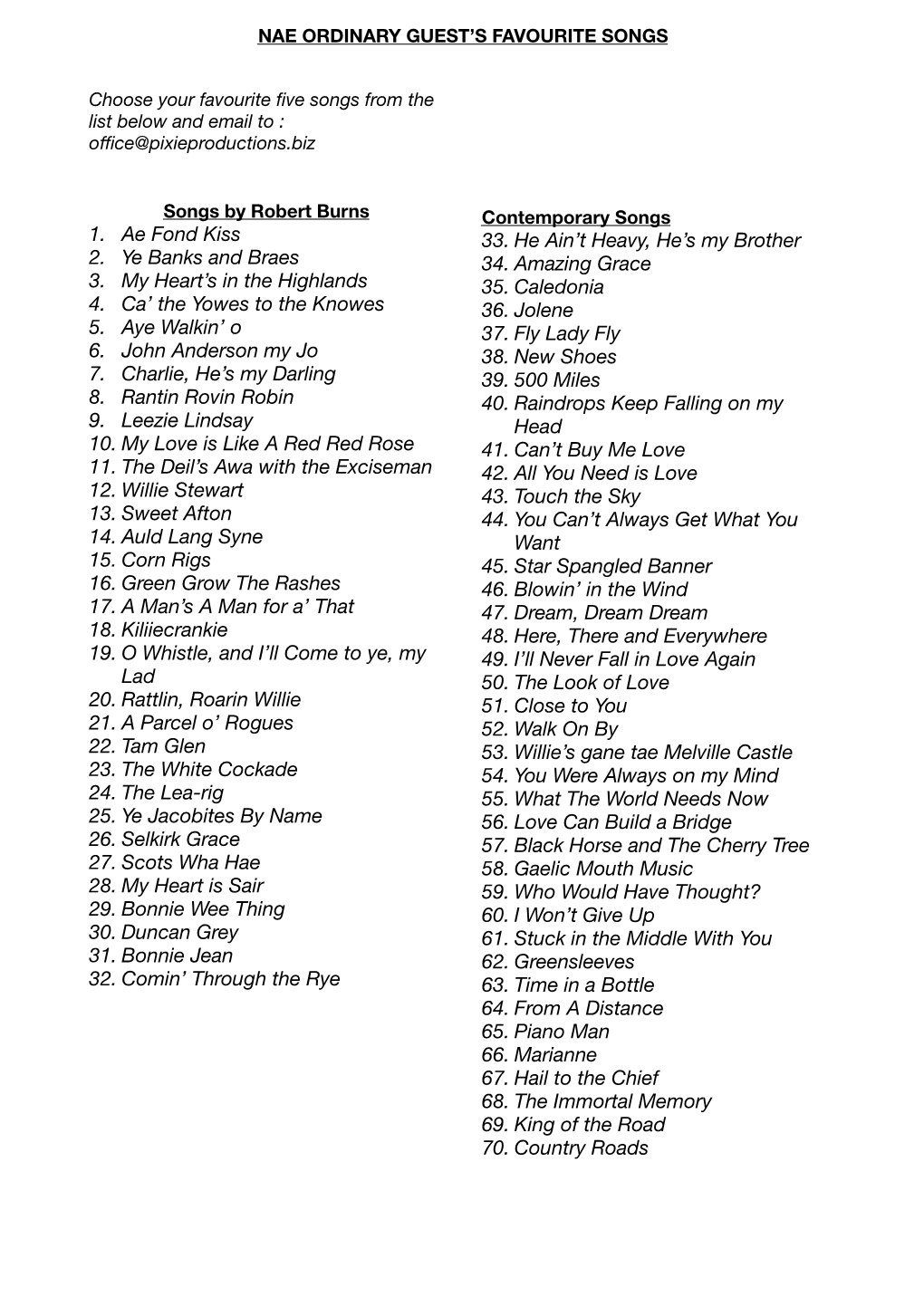 Nae Ordinary Songlist 2