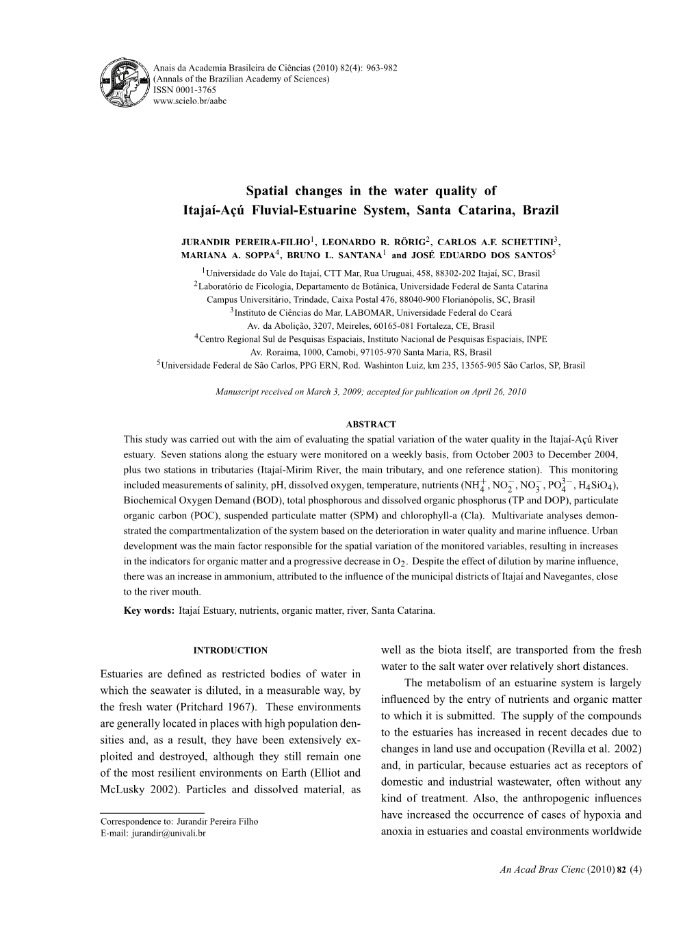 Spatial Changes in the Water Quality of Itajaí-Açú Fluvial-Estuarine System, Santa Catarina, Brazil