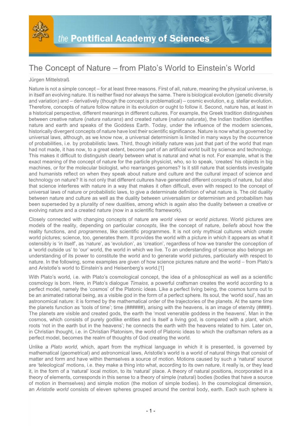 The Concept of Nature – from Plato's World to Einstein's World