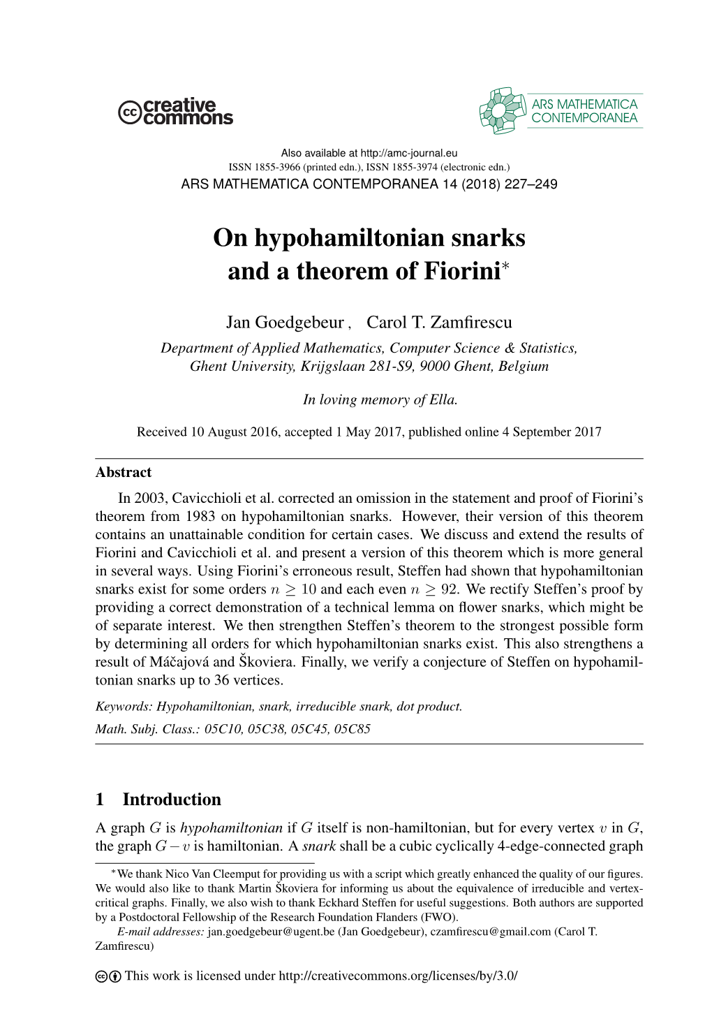 On Hypohamiltonian Snarks and a Theorem of Fiorini∗