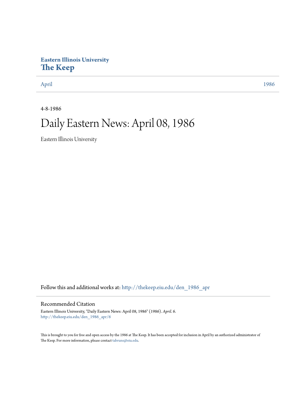 Astern News: April 08, 1986 Eastern Illinois University