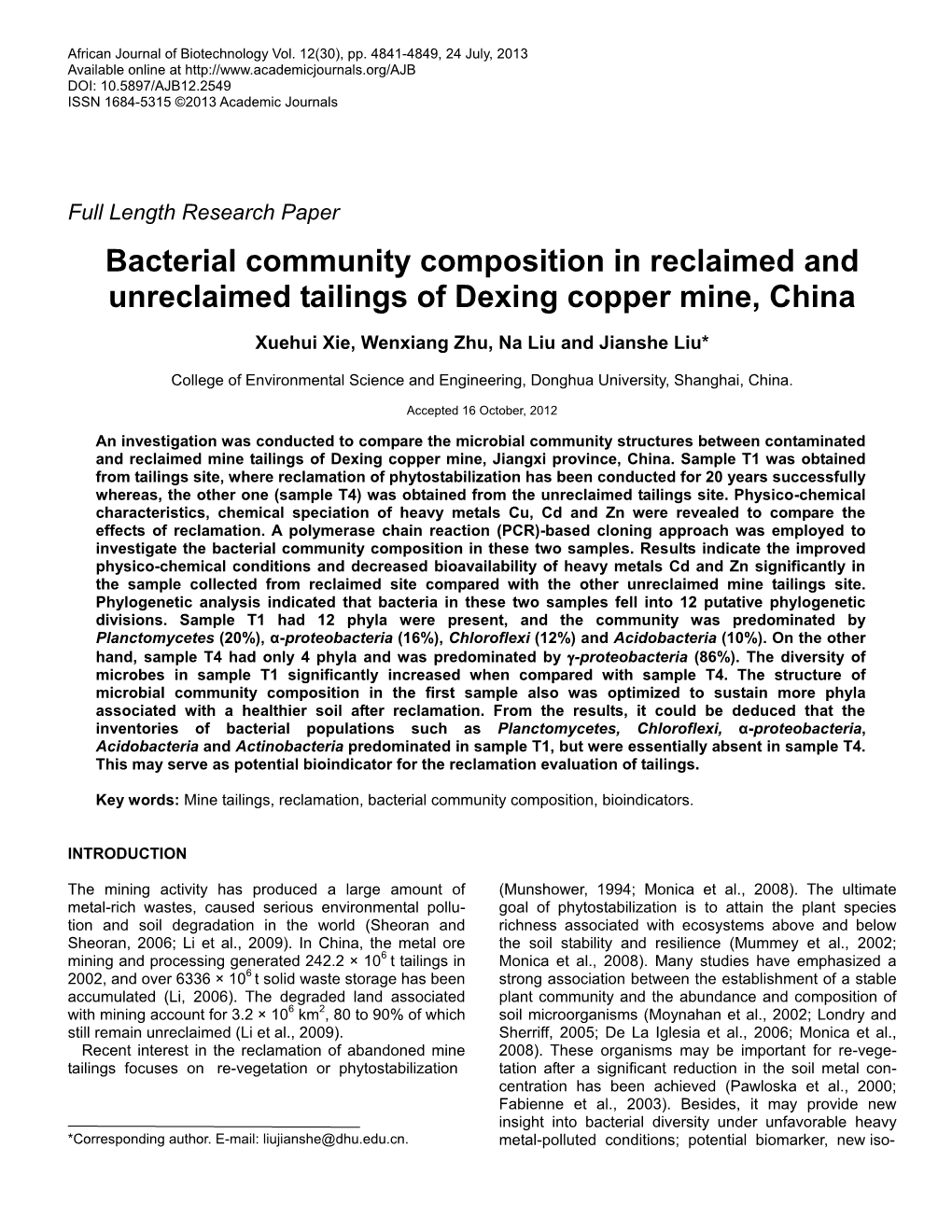 Bacterial Community Composition in Reclaimed and Unreclaimed Tailings of Dexing Copper Mine, China