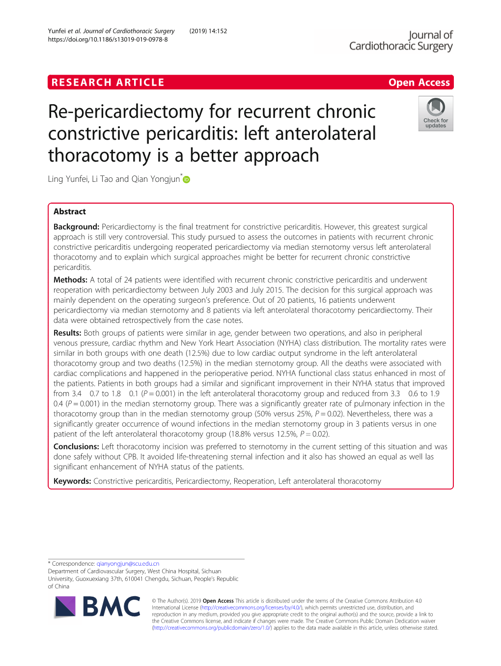 Re-Pericardiectomy for Recurrent Chronic Constrictive Pericarditis: Left Anterolateral Thoracotomy Is a Better Approach Ling Yunfei, Li Tao and Qian Yongjun*