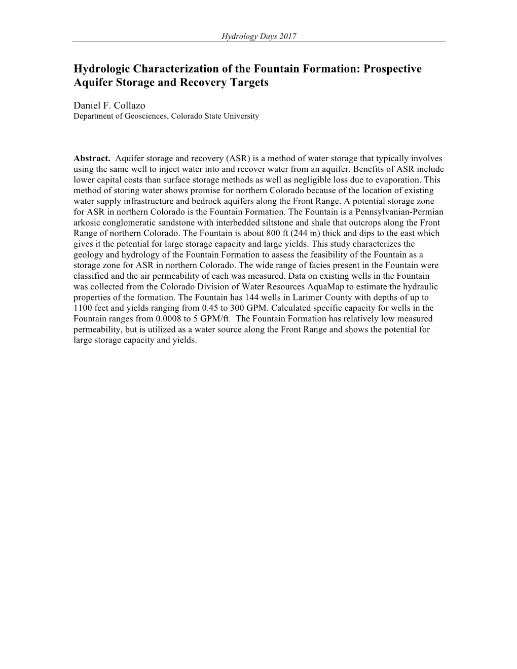 Hydrologic Characterization of the Fountain Formation: Prospective Aquifer Storage and Recovery Targets